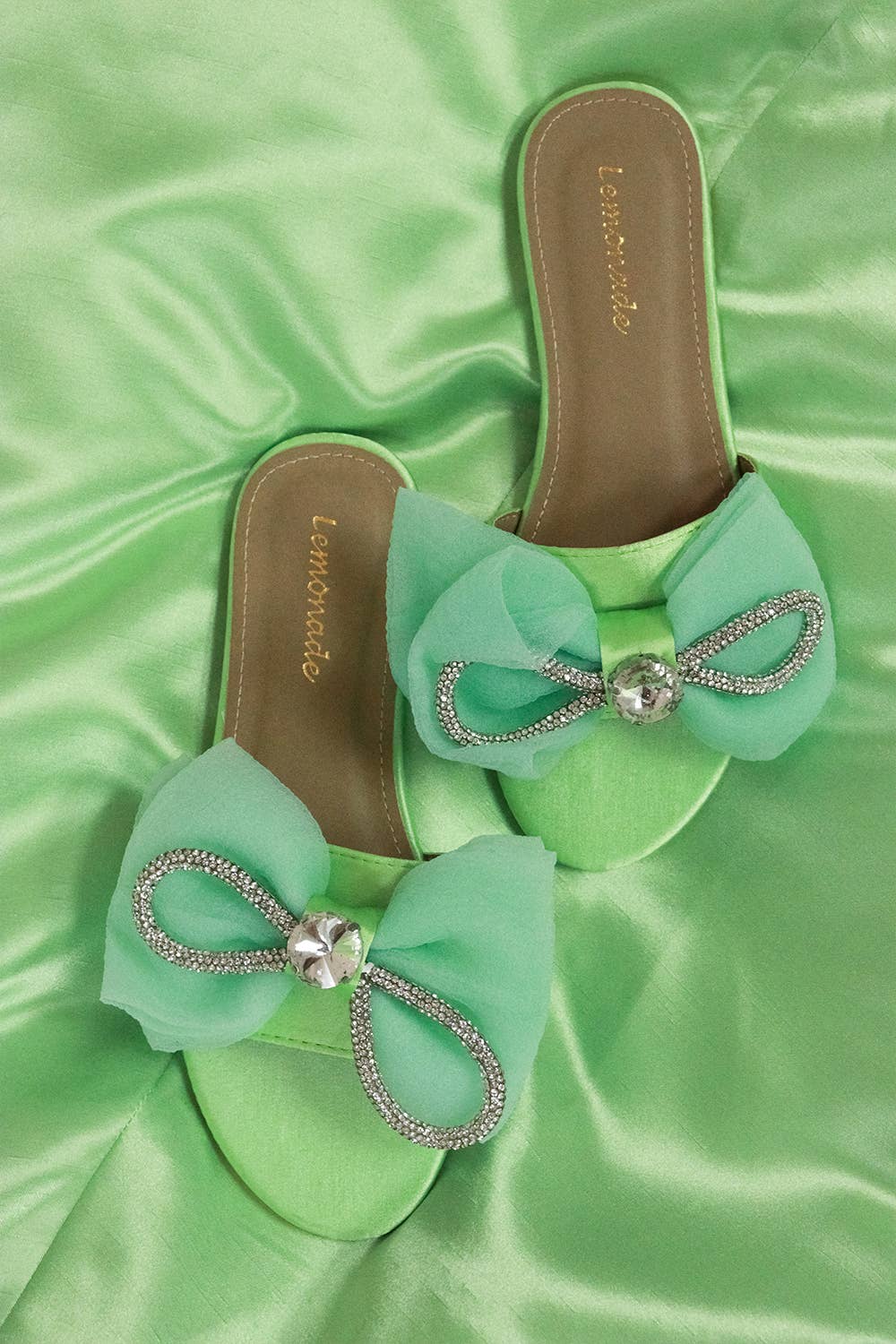Spring Green/ Bow Accent Sandals with Rhinestones- Slip On/ Flat