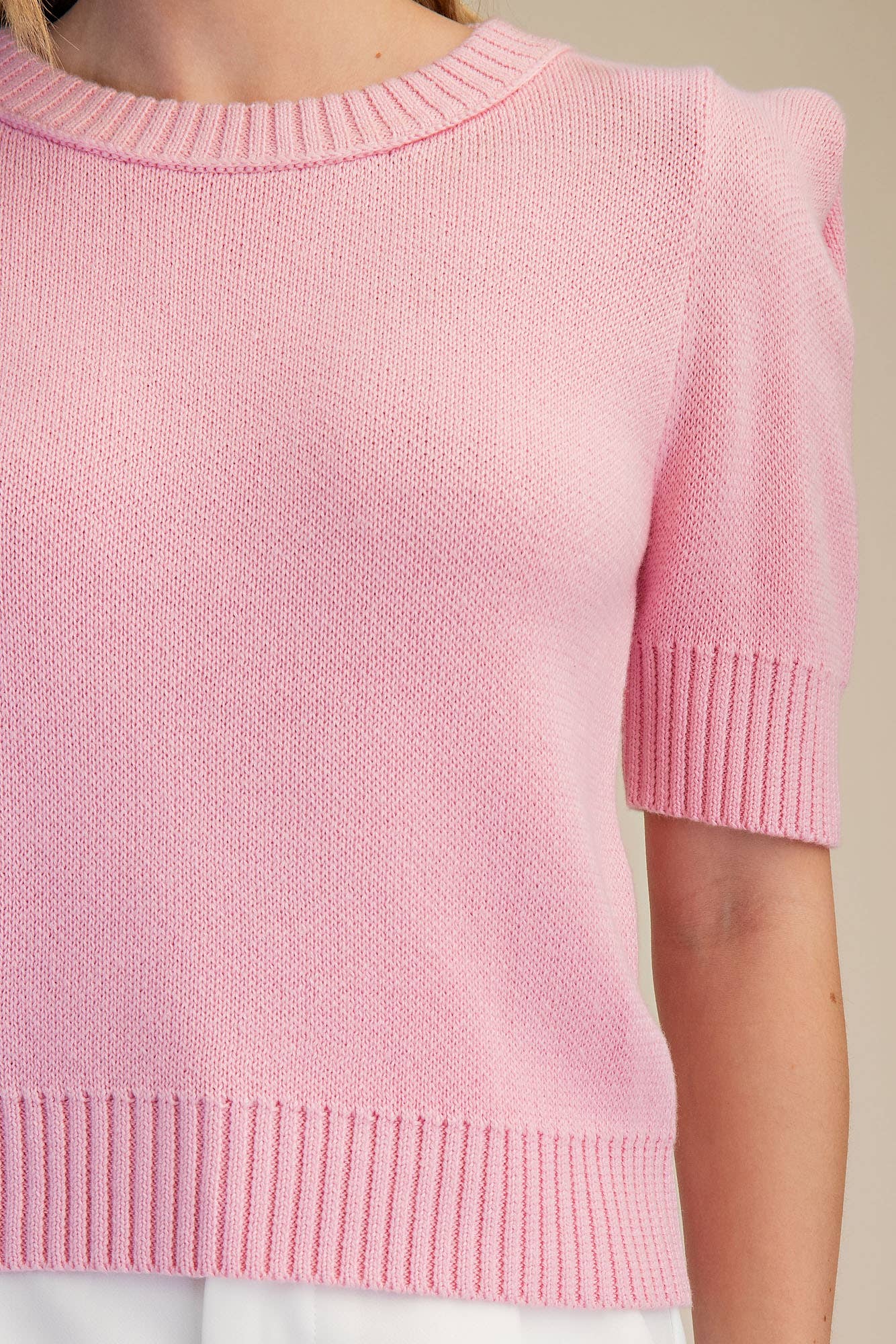 Spring Sweater With Round Neck And Short Sleeves Modest