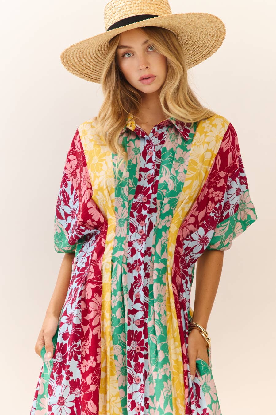 Midi Dress Modest Mixed Floral Print With Button Front Collar Relaxed Fit