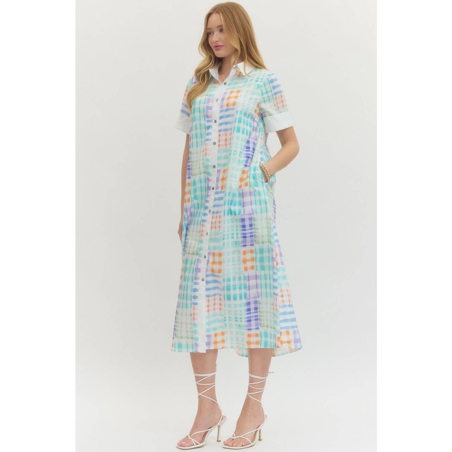 Midi Dress Modest With Collared Neckline And Button Front In Plaid Print
