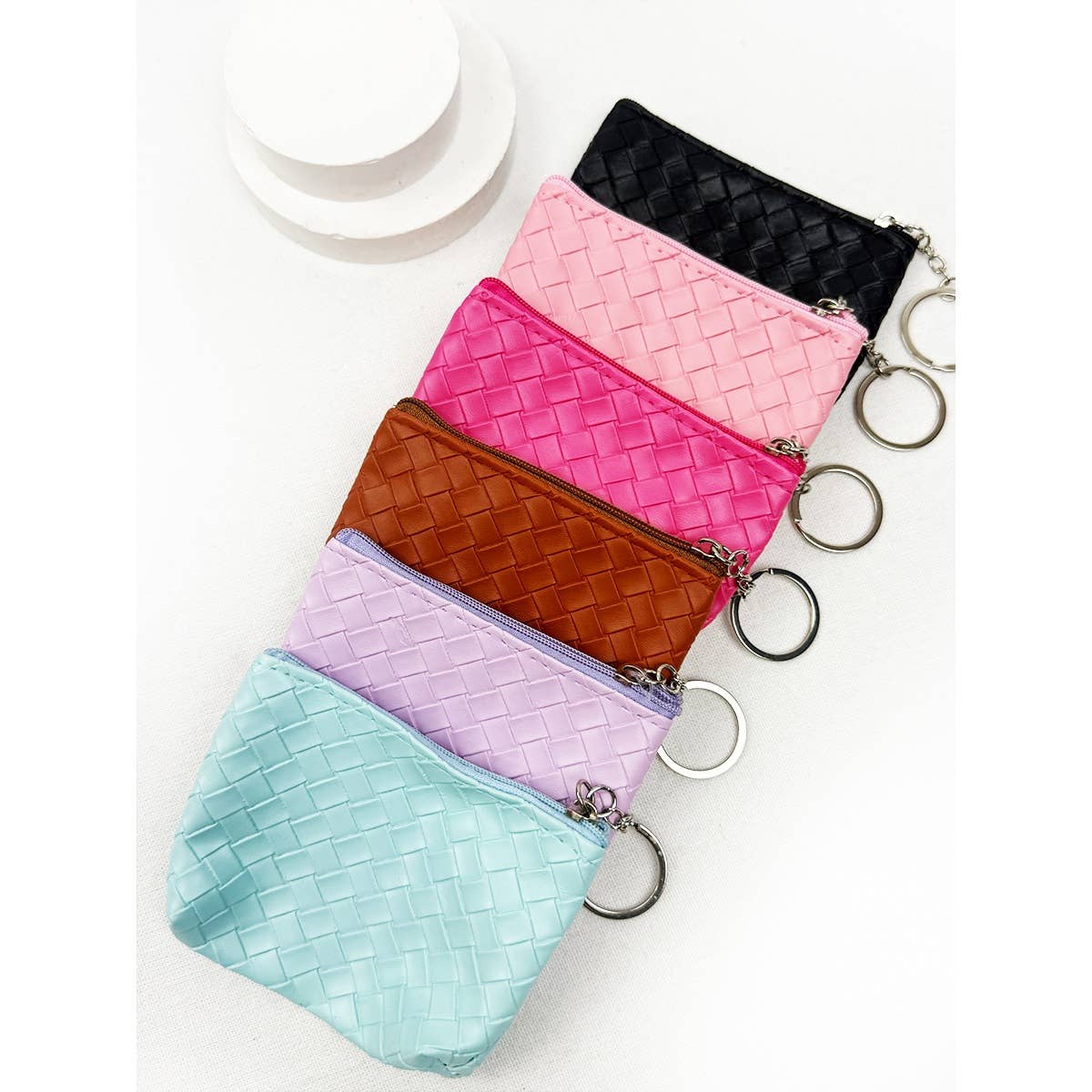 Coin Purse With Key Ring, Weave Pattern Detail, Assorted Colors