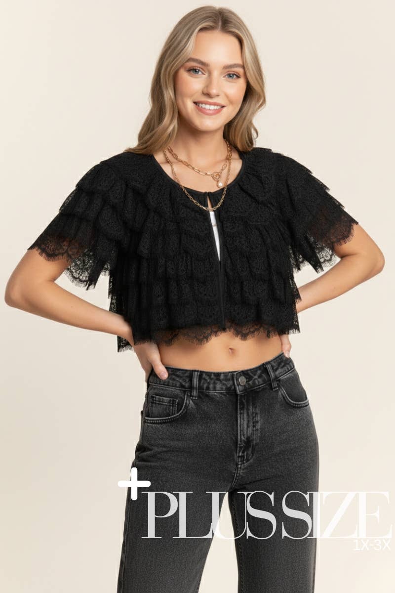 Cardigan With Tiered Lace Cropped Eyelash Fringe Front Tie Modest Fashion