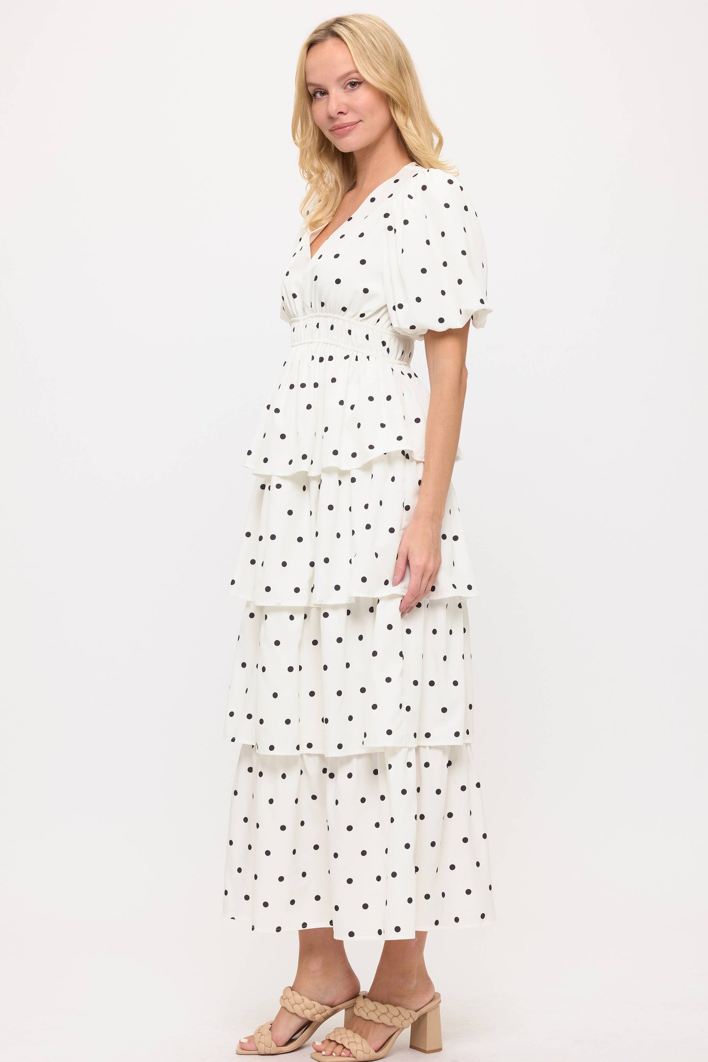 Polka Dot Ruffled V-Neck Puff Sleeves- Dainty Lady