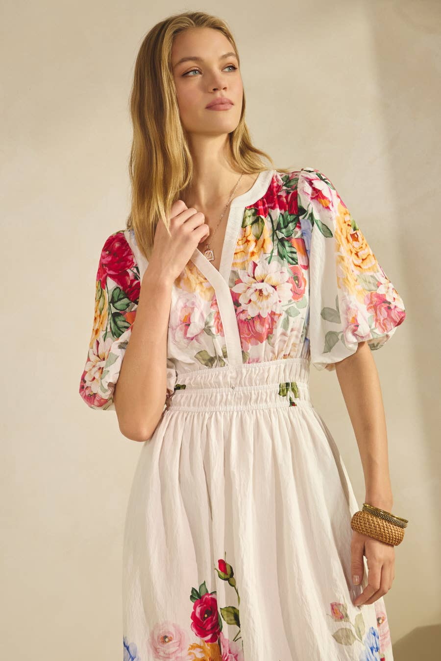 Floral Midi Dress - Short Sleeves, Fitted Waist, Flared Skirt- Modest Apparel
