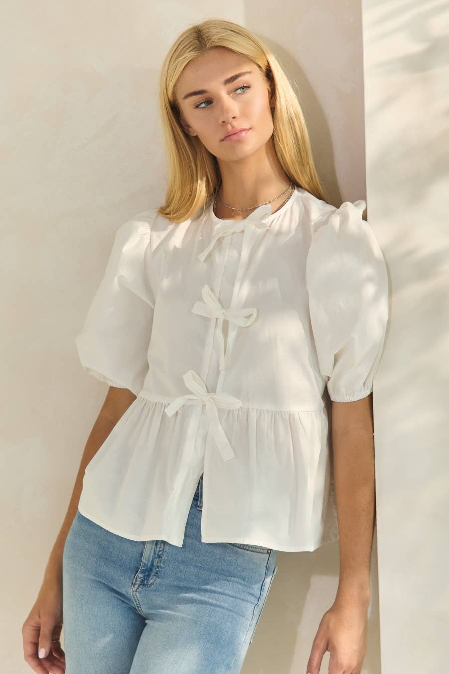 Poplin Front Tie Ribbon Peplum, Modest Puff Sleeve
