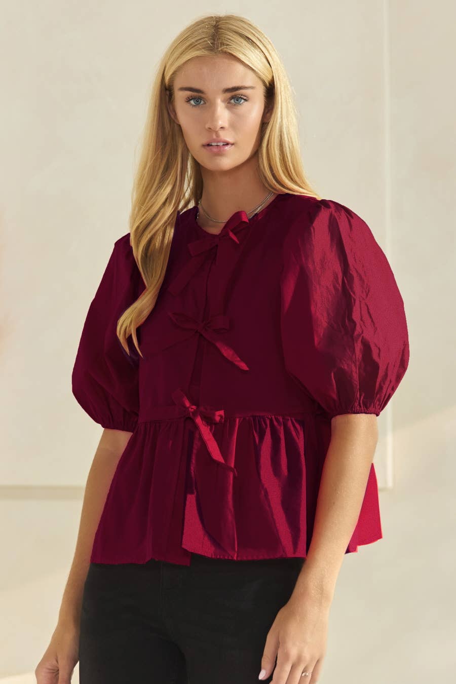 Poplin Front Tie Ribbon Peplum, Modest Puff Sleeve
