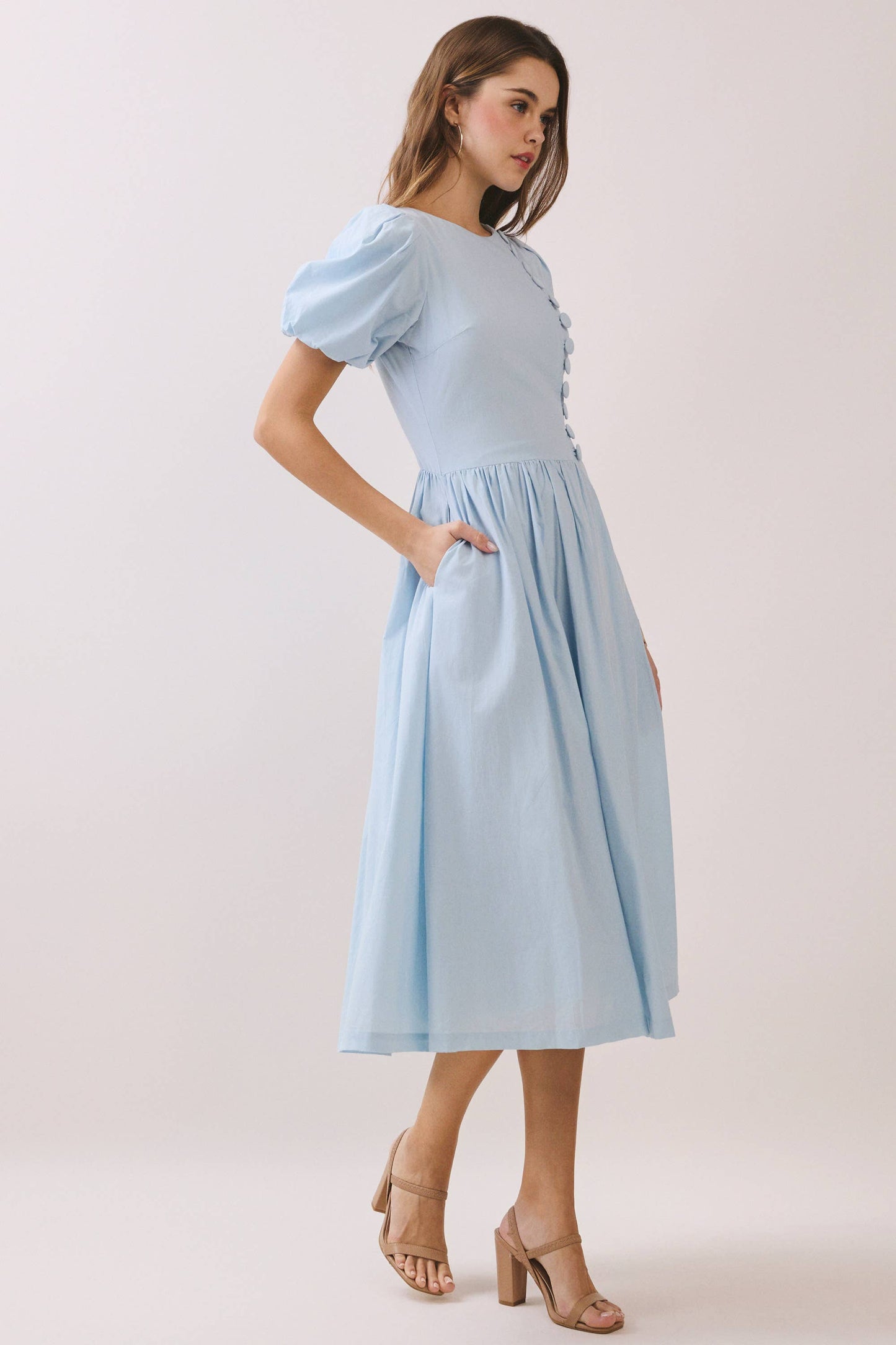 Puff Sleeve Midi Dress - Le Sage May Modest Round-Neck Faux Button Front