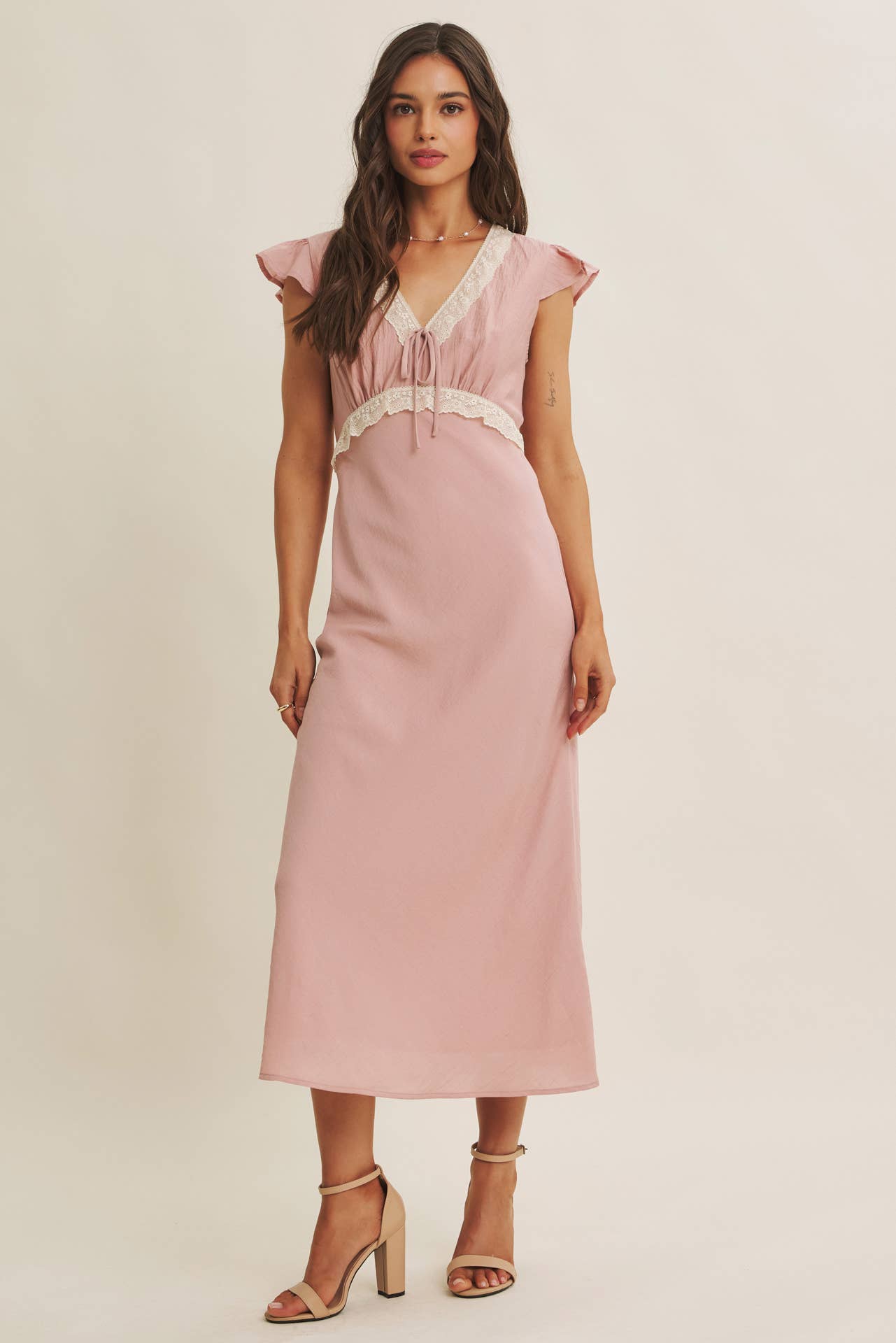 Midi Dress With Lace Trim Slim Fit Waist- Restock March 21st