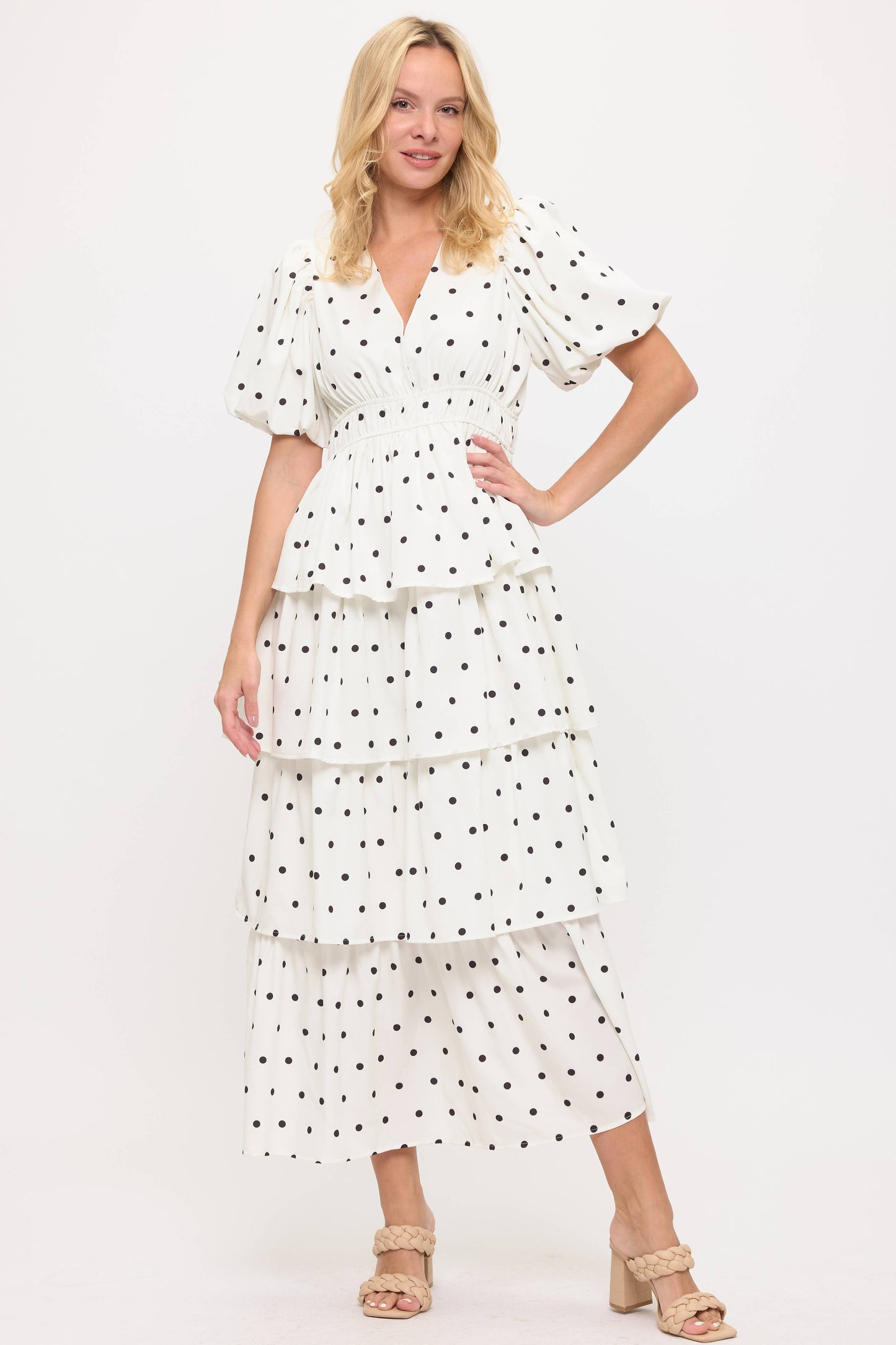 Polka Dot Ruffled V-Neck Puff Sleeves- Dainty Lady