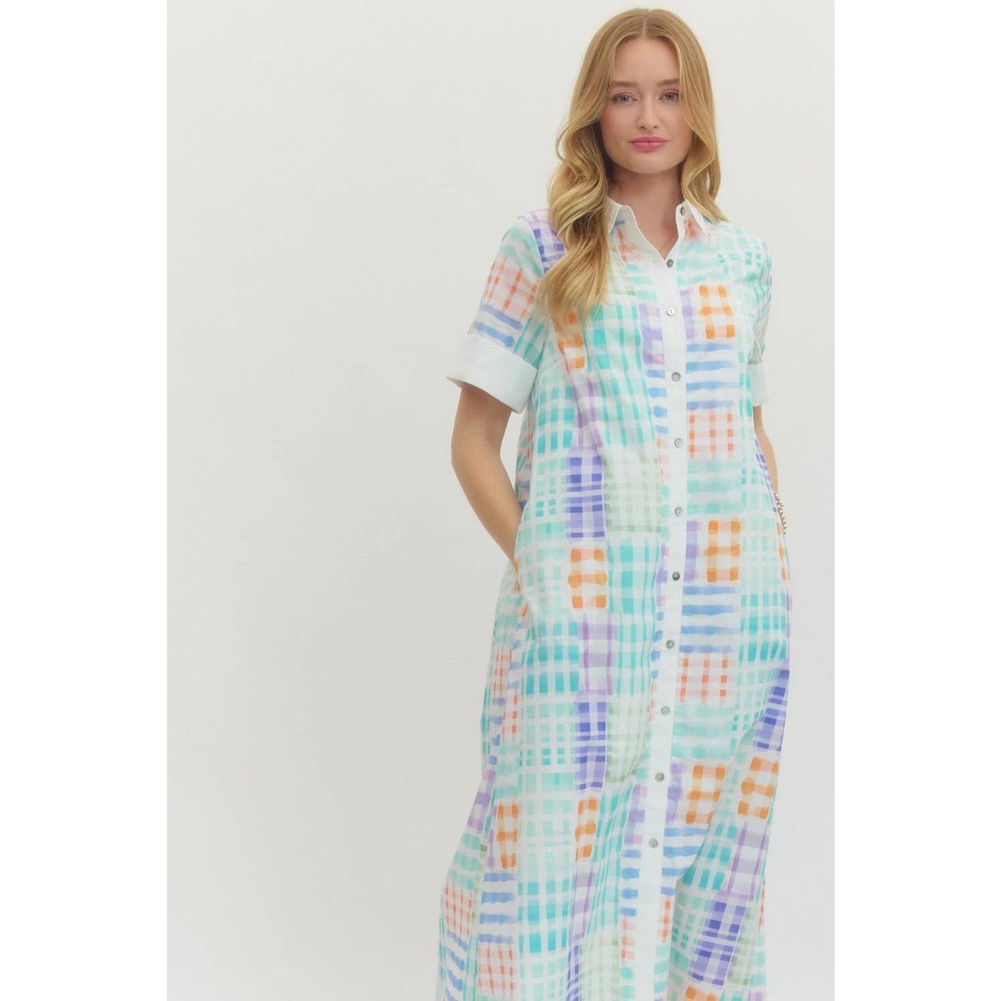 Midi Dress Modest With Collared Neckline And Button Front In Plaid Print
