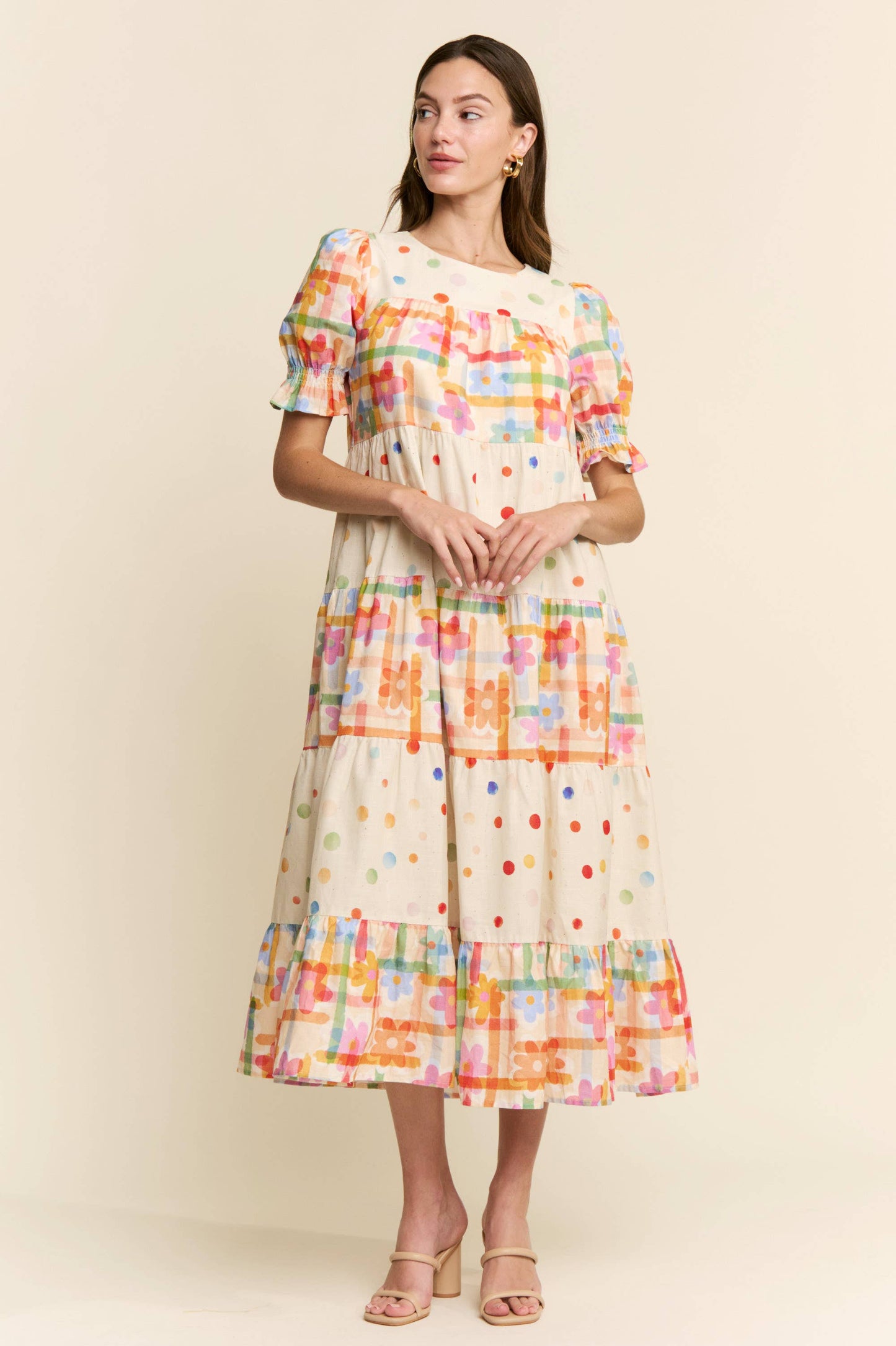 Maxi Dress - Modest Multicolor Floral Polka Dot With Pockets, 100 Percent Cotton