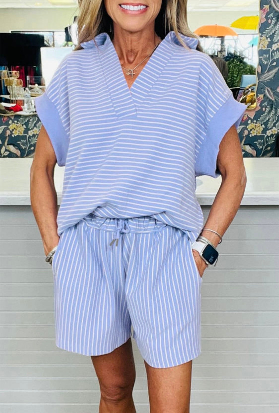 Two Piece Set Le Sage May Modest Boxy Top Elastic Shorts Blue Harbor Stripe