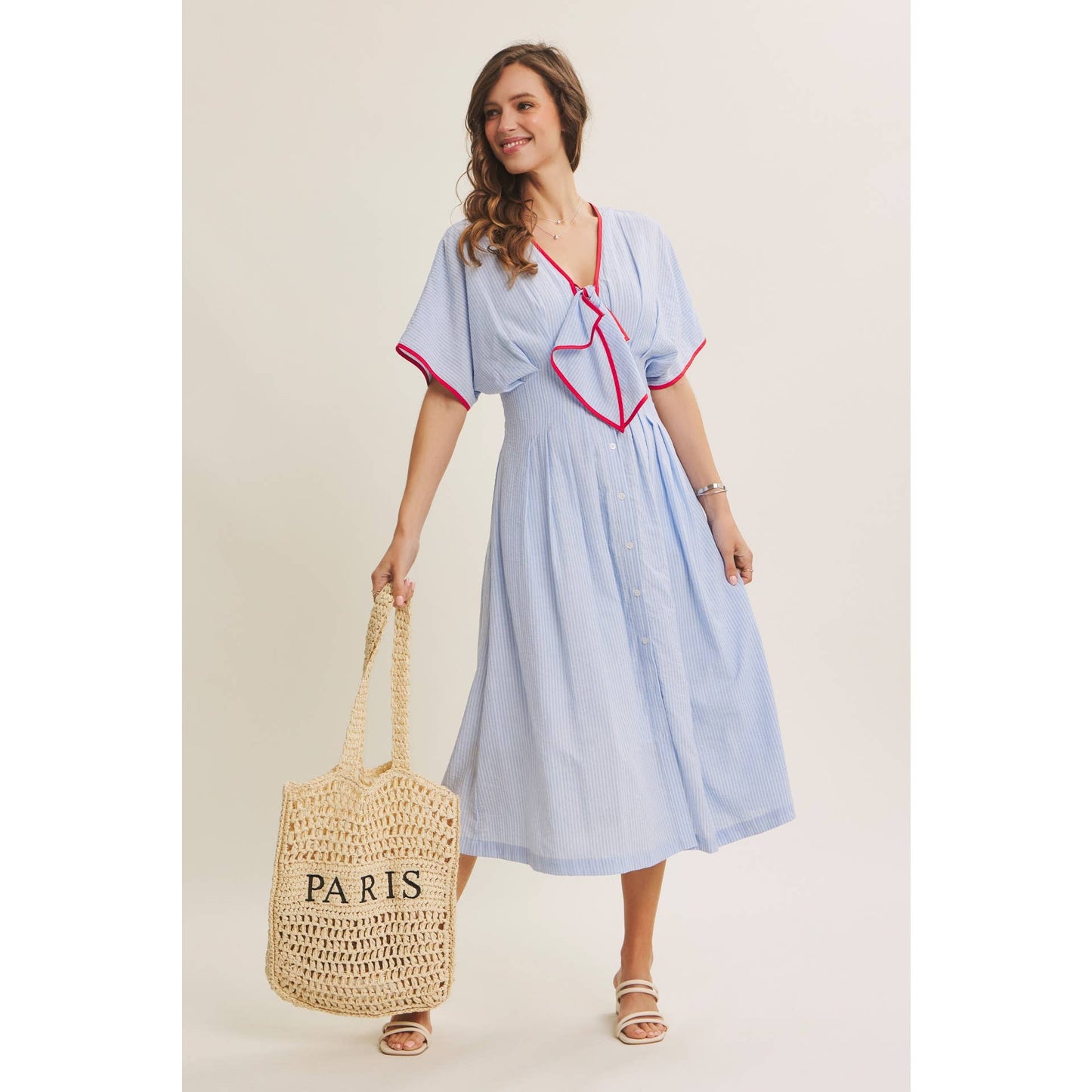 Midi Dress With Pleated Stripe Button Down Tie Modest Fashion Easter