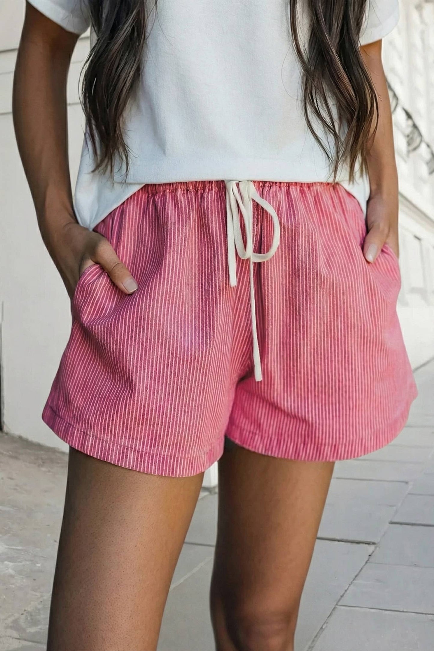 Denim Shorts Stripe Pattern With Drawstring Waist - Modest Women’s Style