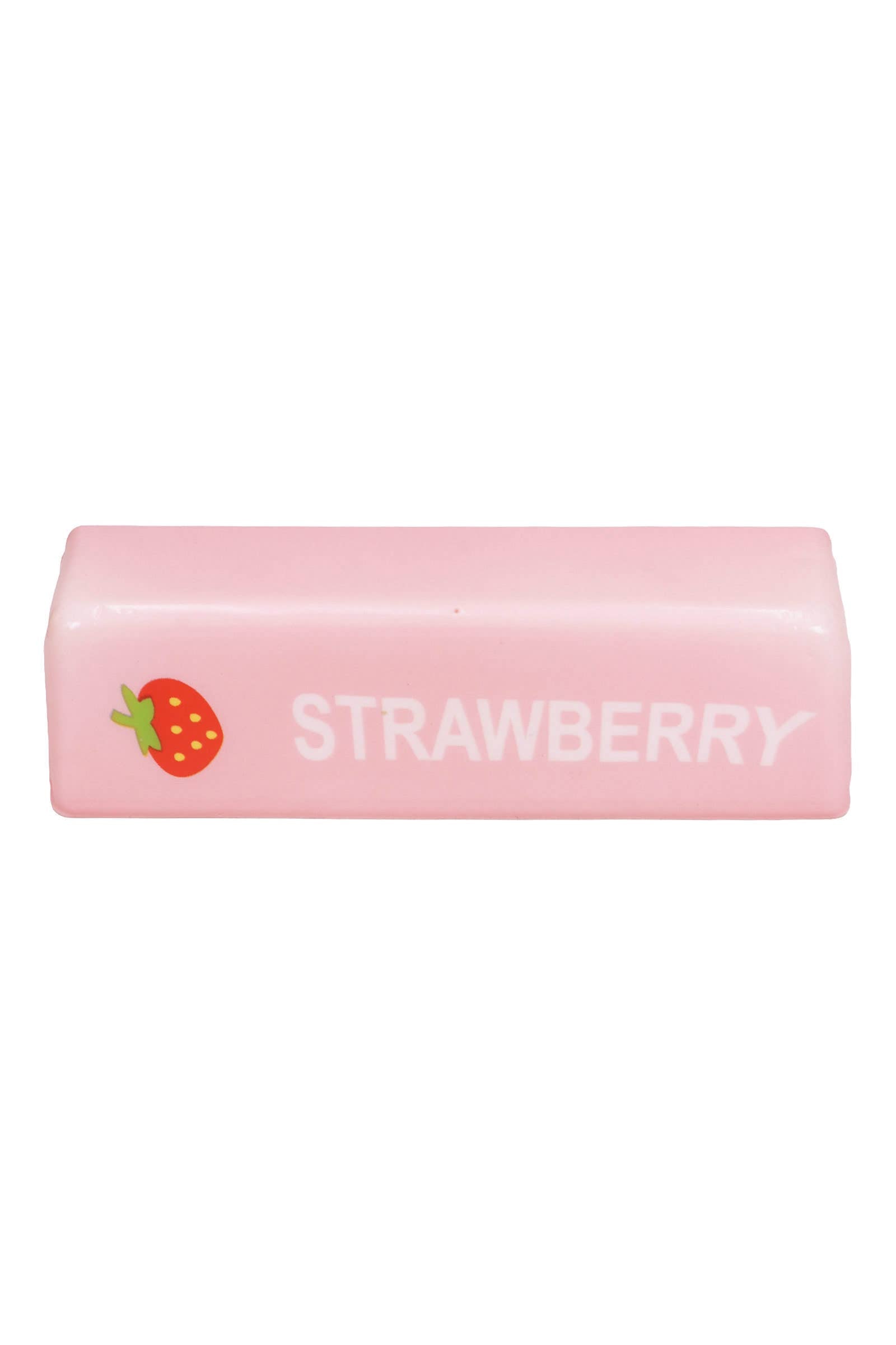 Pink strawberry-themed foam squishy bar with a strawberry graphic and STRAWBERRY label.