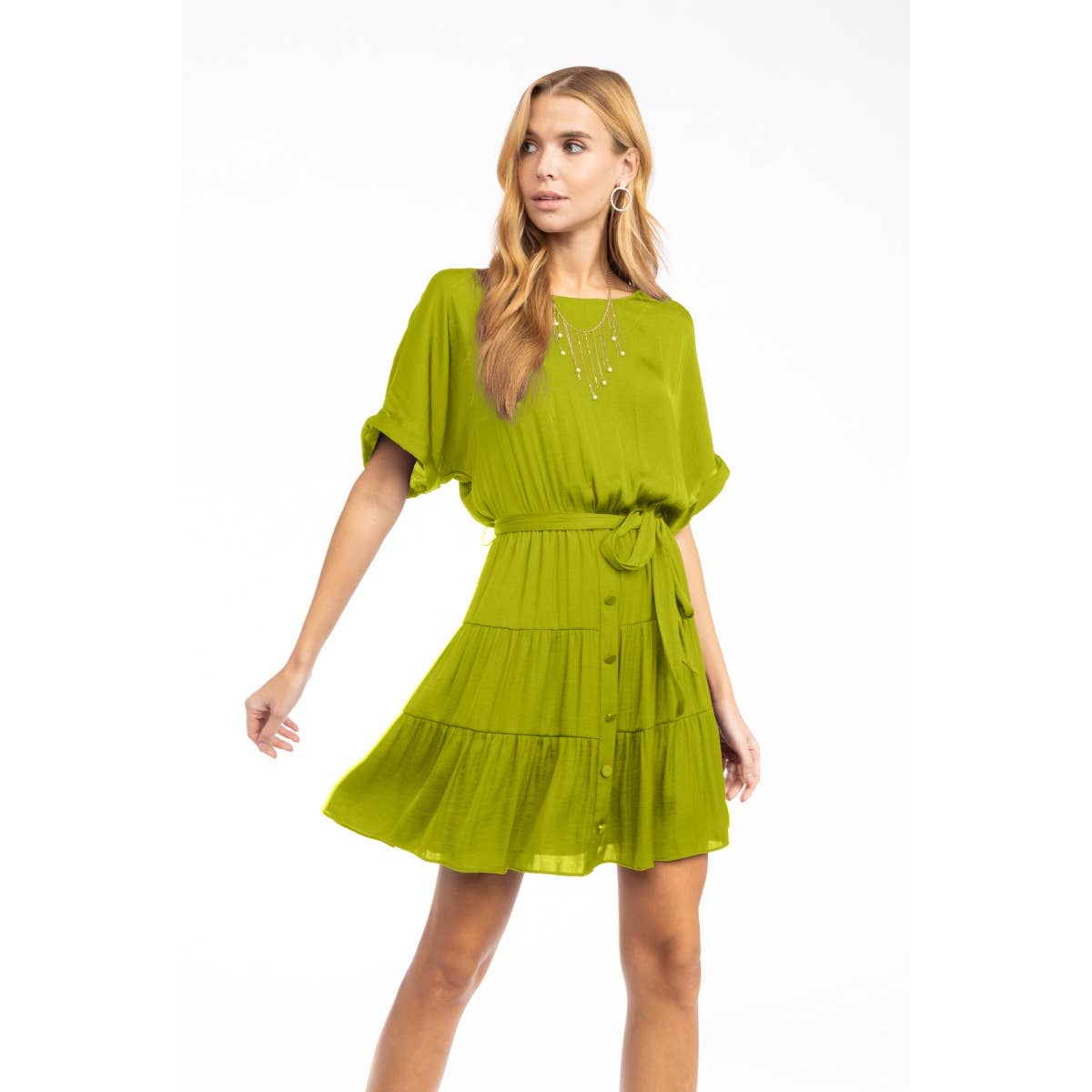Short Sleeve Tiered Mini Dress - Front Button, Tie Waist, Little Dress