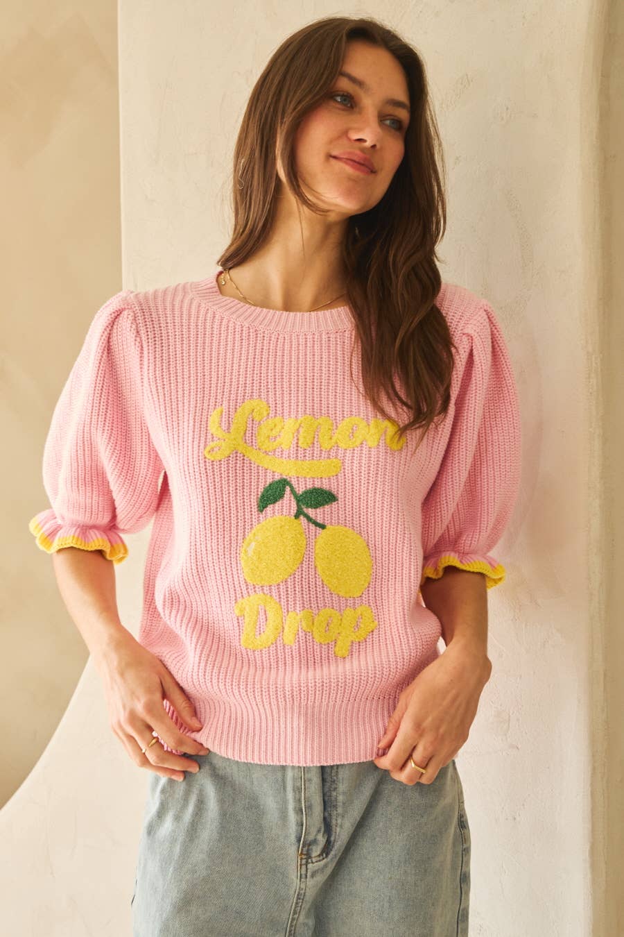 Sweet Lemon Drop Graphic Knit Short Puffy Sleeve Faith Based Modest Fashion