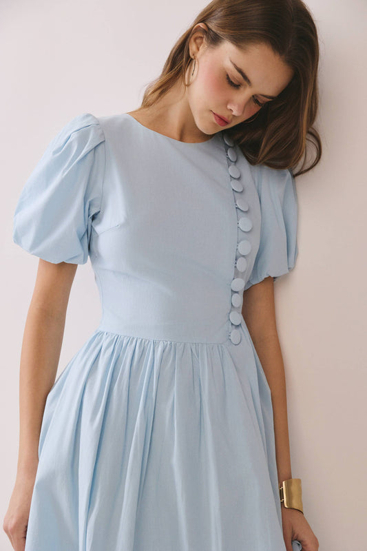 Puff Sleeve Midi Dress - Le Sage May Modest Round-Neck Faux Button Front