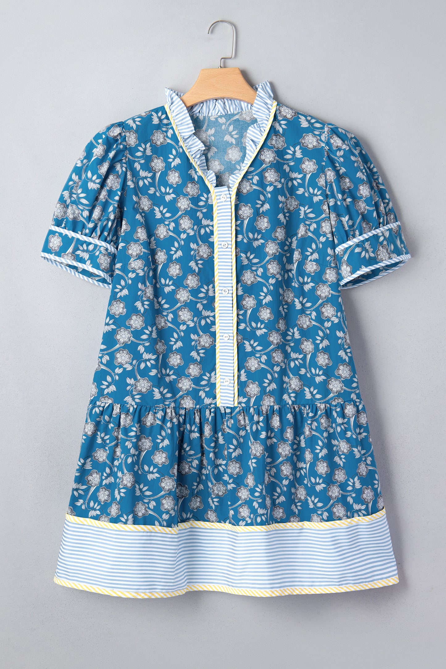 Blue Floral Print Striped Patchwork Detail Button Front Ruffle Hem Dress