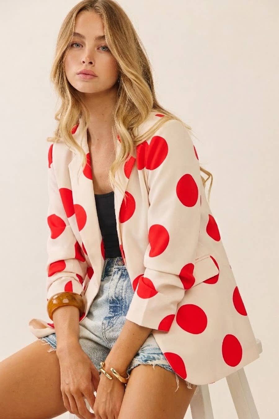 Cropped Blazer With Polka Dot Pattern, Notched Collar, Scrunched Sleeves