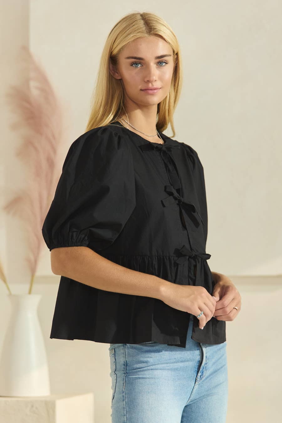 Poplin Front Tie Ribbon Peplum, Modest Puff Sleeve