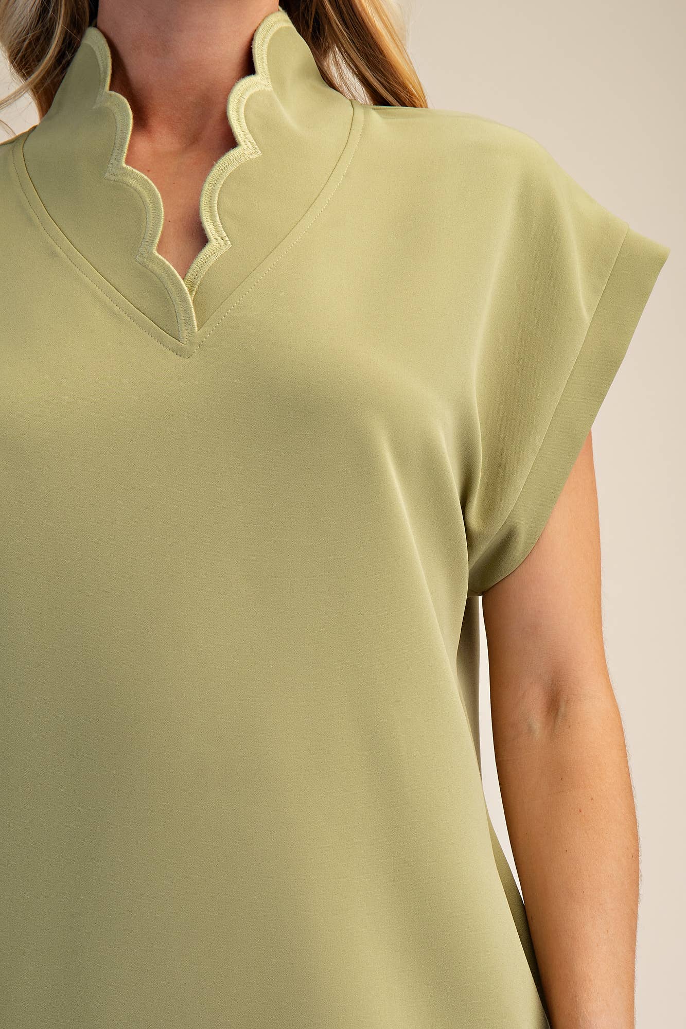 Mini Dress With Embroidered Scallop Trim V Neck And Hem Cap Sleeves - Super Cute