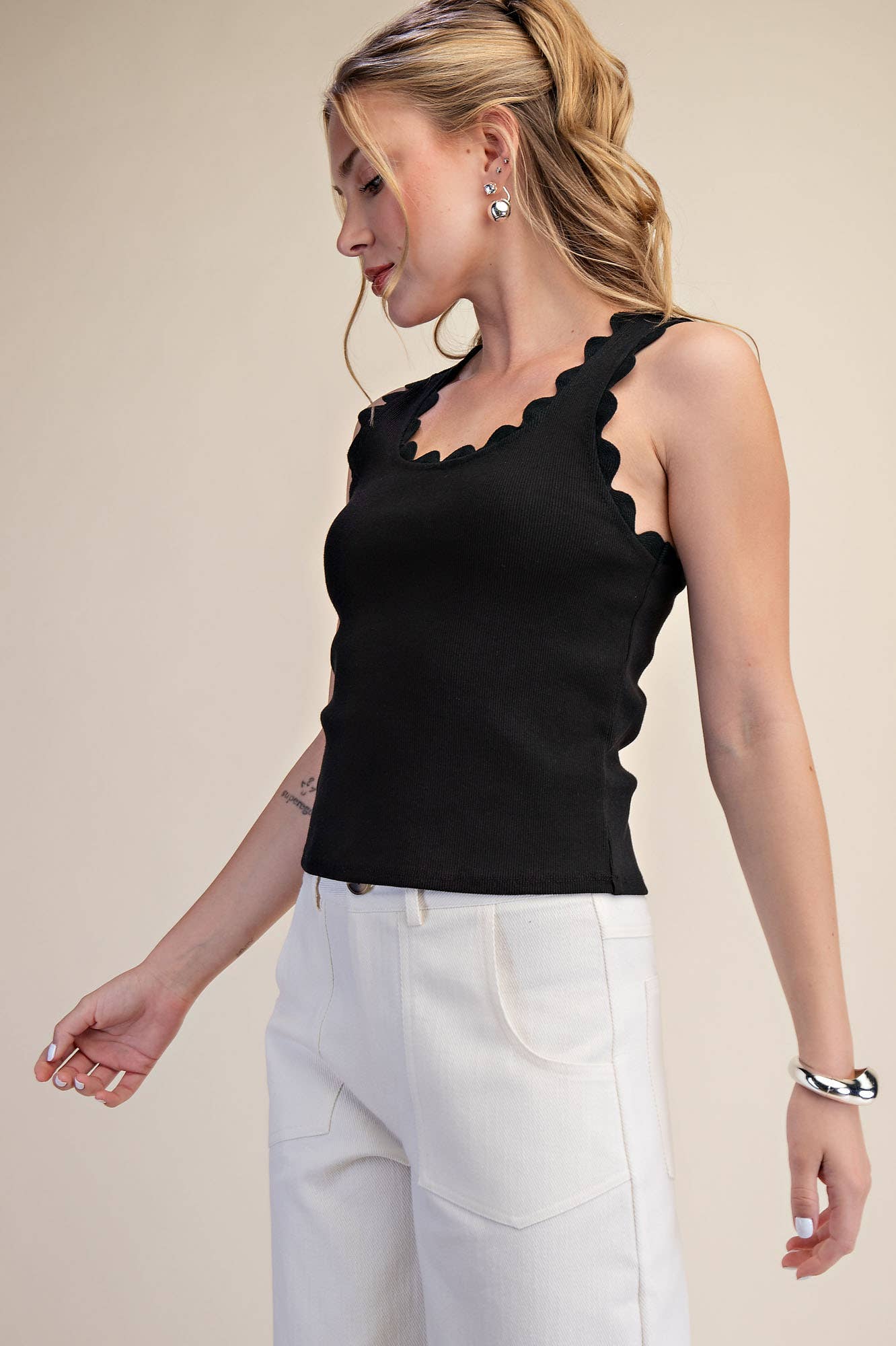Tank Top With Scallop Wave Scoop Neck Modest Ribbed Sleeveless Faith Based