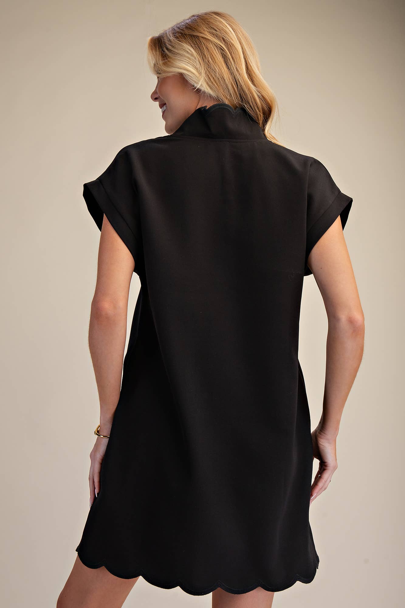 Mini Dress With Embroidered Scallop Trim V Neck And Hem Cap Sleeves - Super Cute