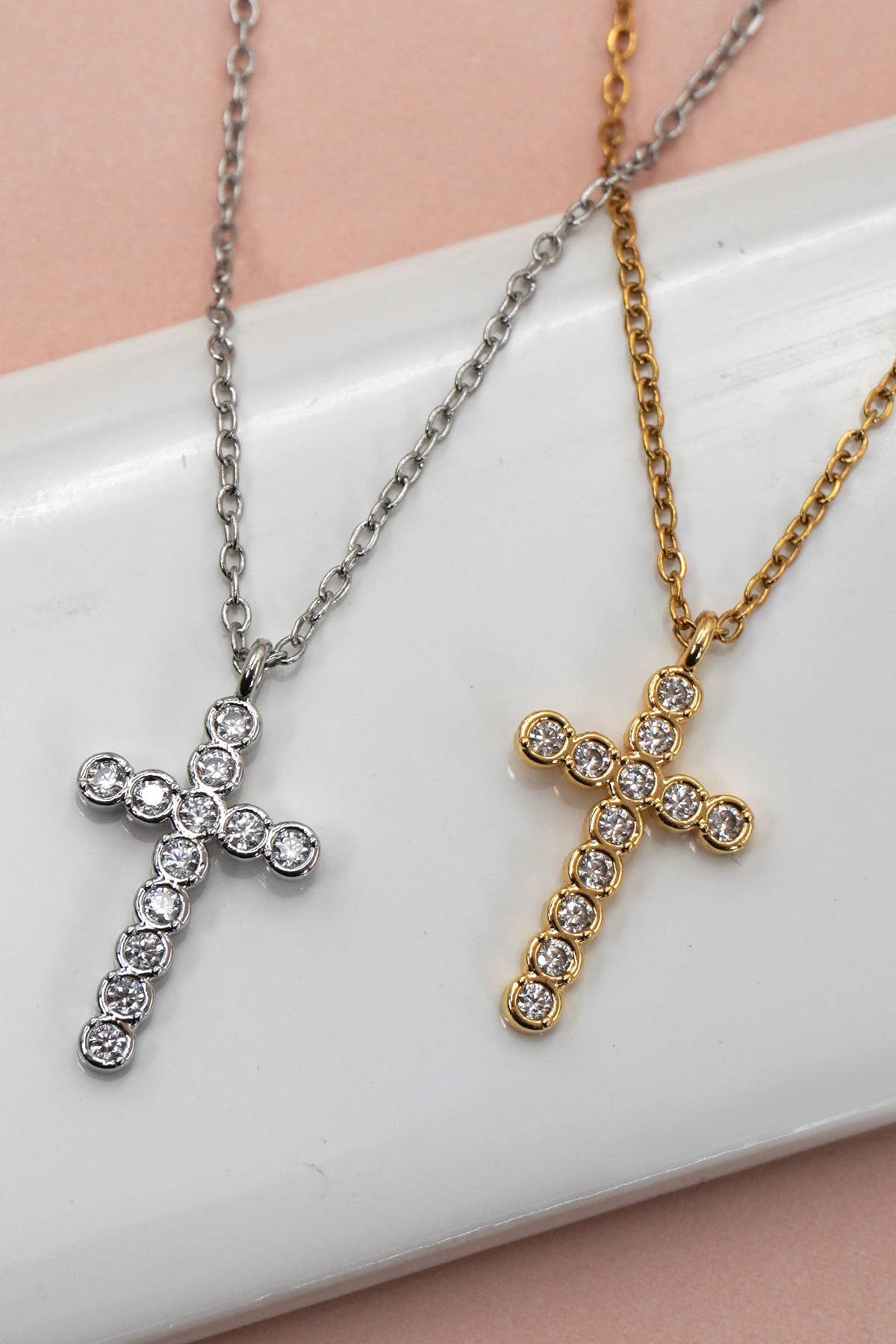 Cross Necklace 18K Gold Finish Tarnish Free Stainless Steel Rhinestone Pendant
