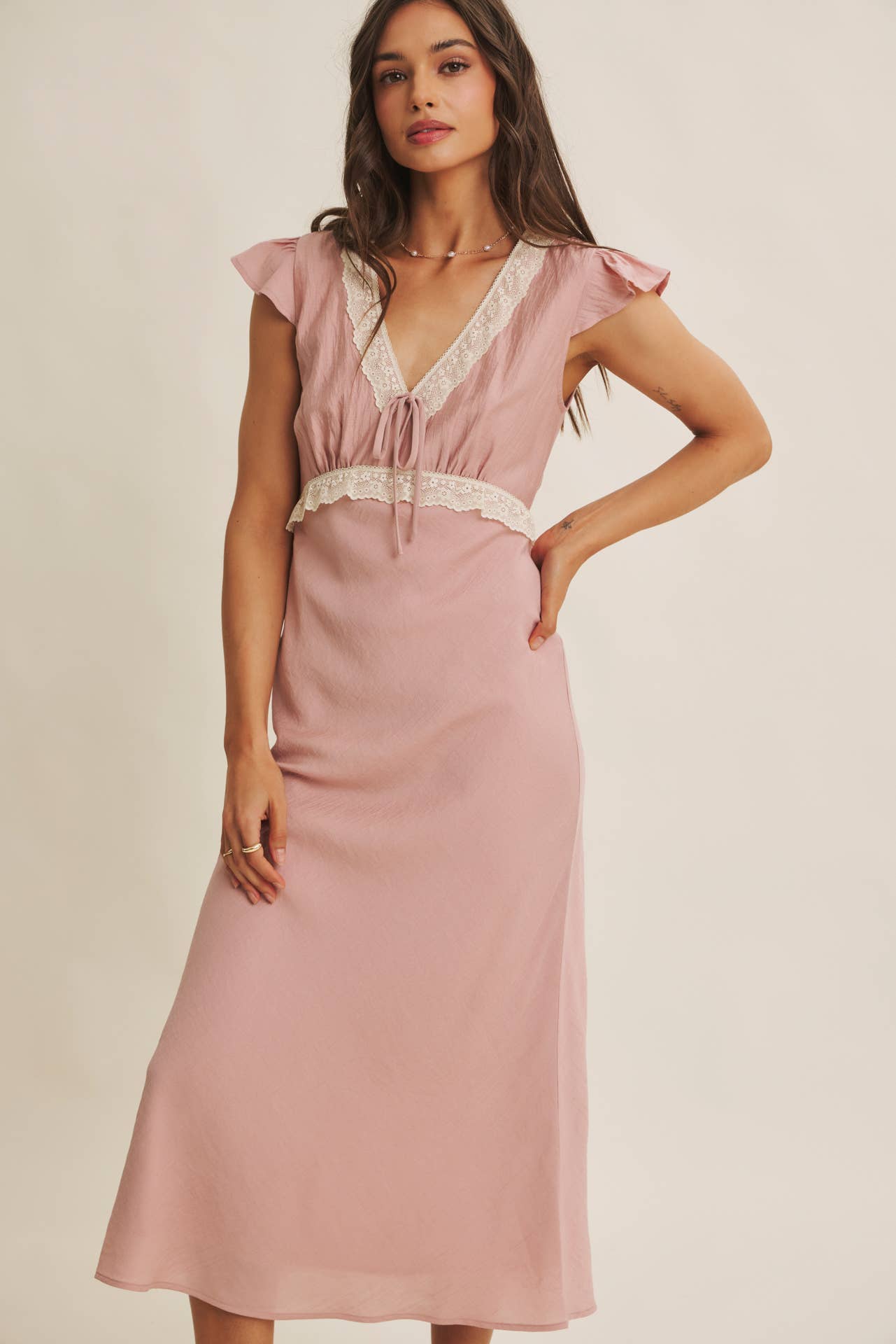 Midi Dress With Lace Trim Slim Fit Waist- Restock March 21st