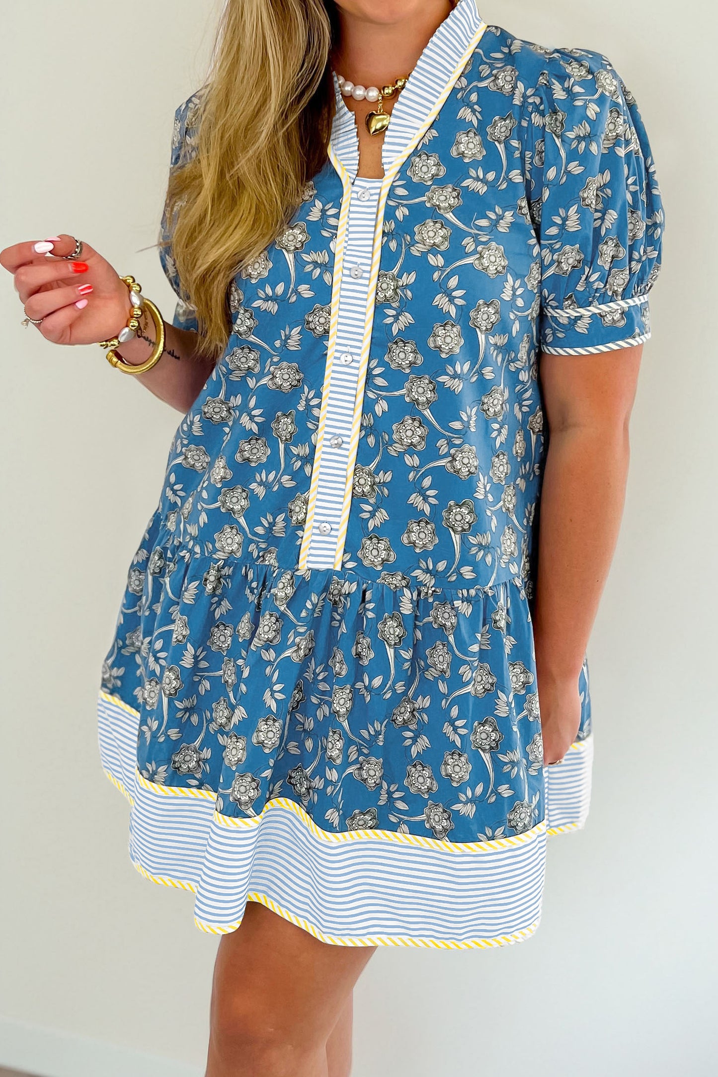 Blue Floral Print Striped Patchwork Detail Button Front Ruffle Hem Dress