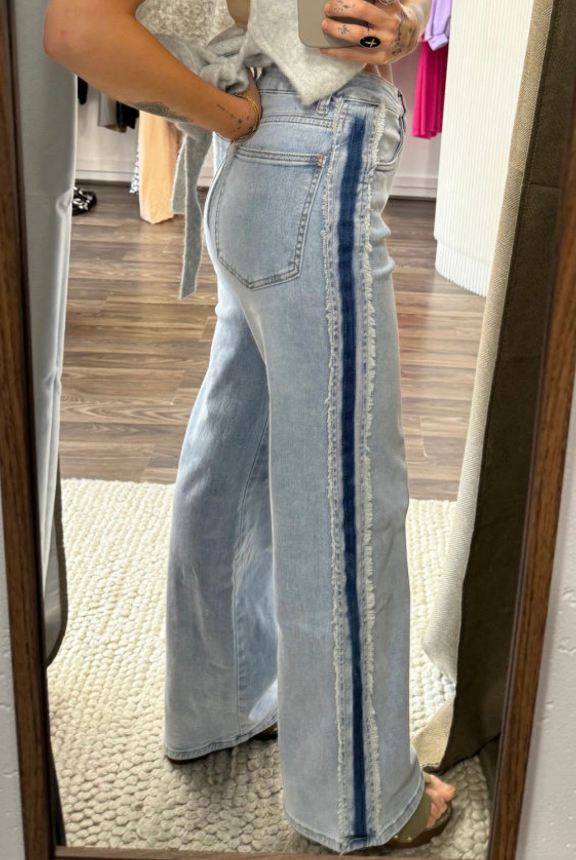 Jeans Le Sage May Beau Blue Contrast Stripe Frayed Panel – Modest Fashion