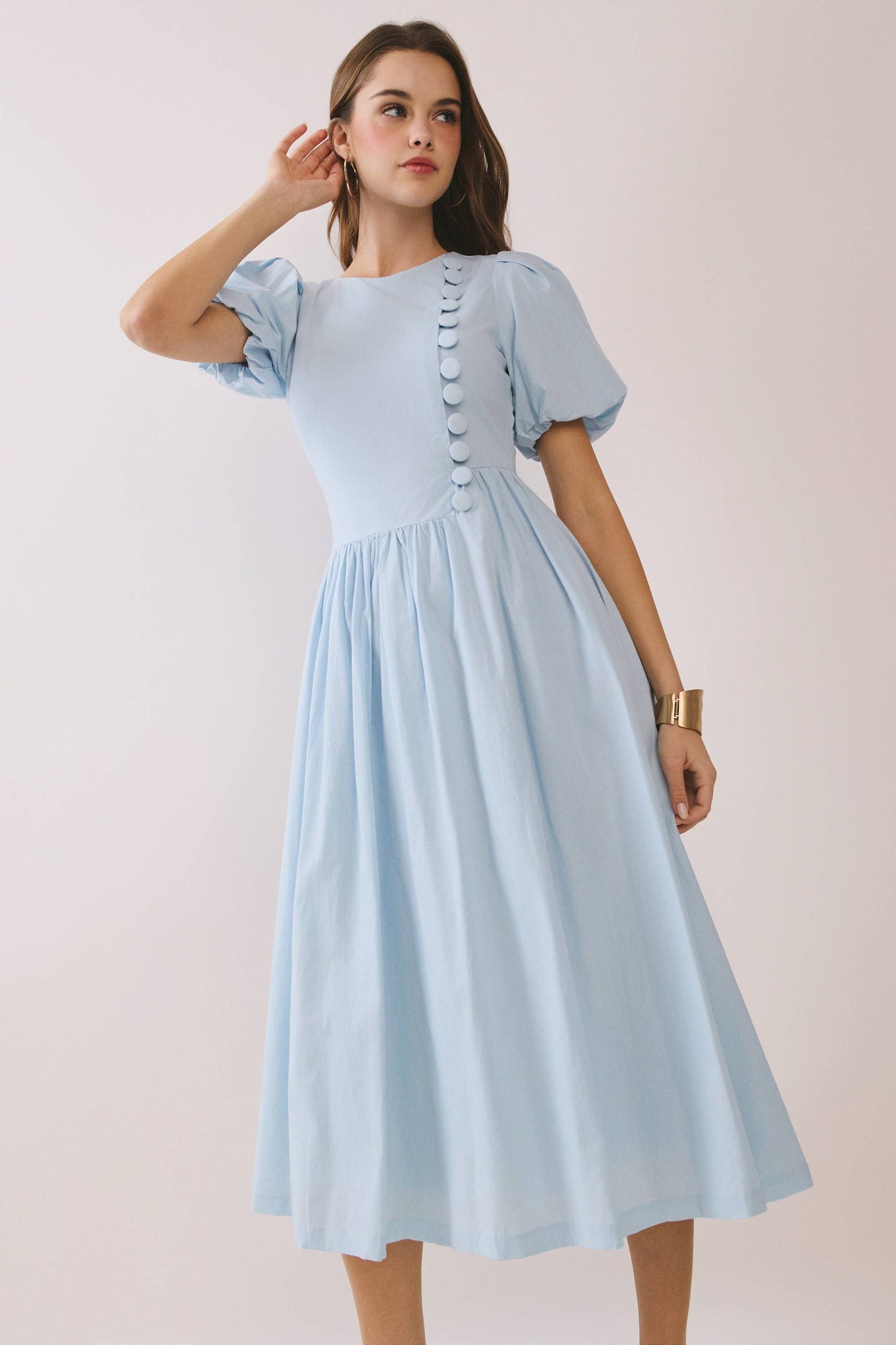 Puff Sleeve Midi Dress - Le Sage May Modest Round-Neck Faux Button Front