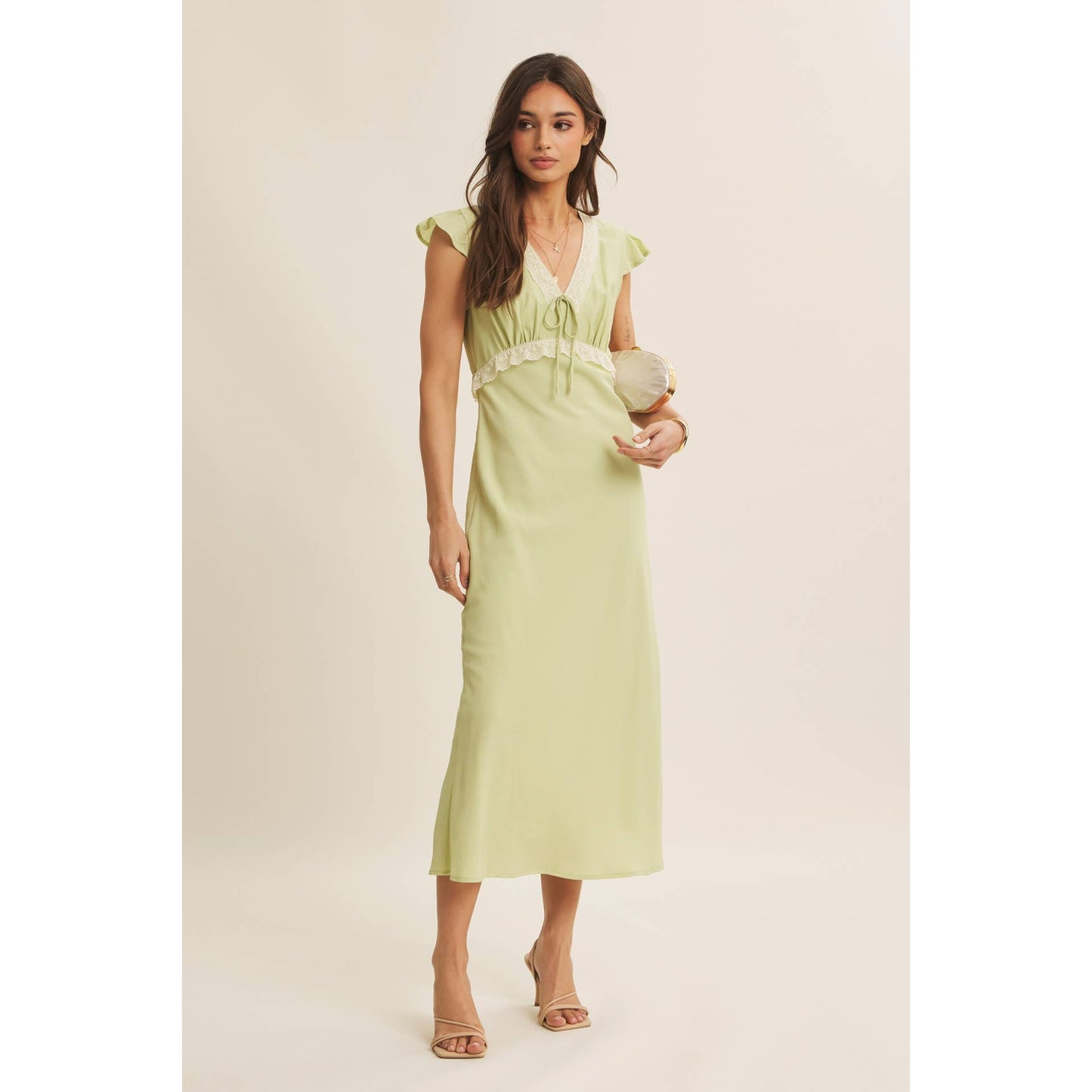 Midi Dress With Lace Trim Slim Fit Waist- Restock March 21st