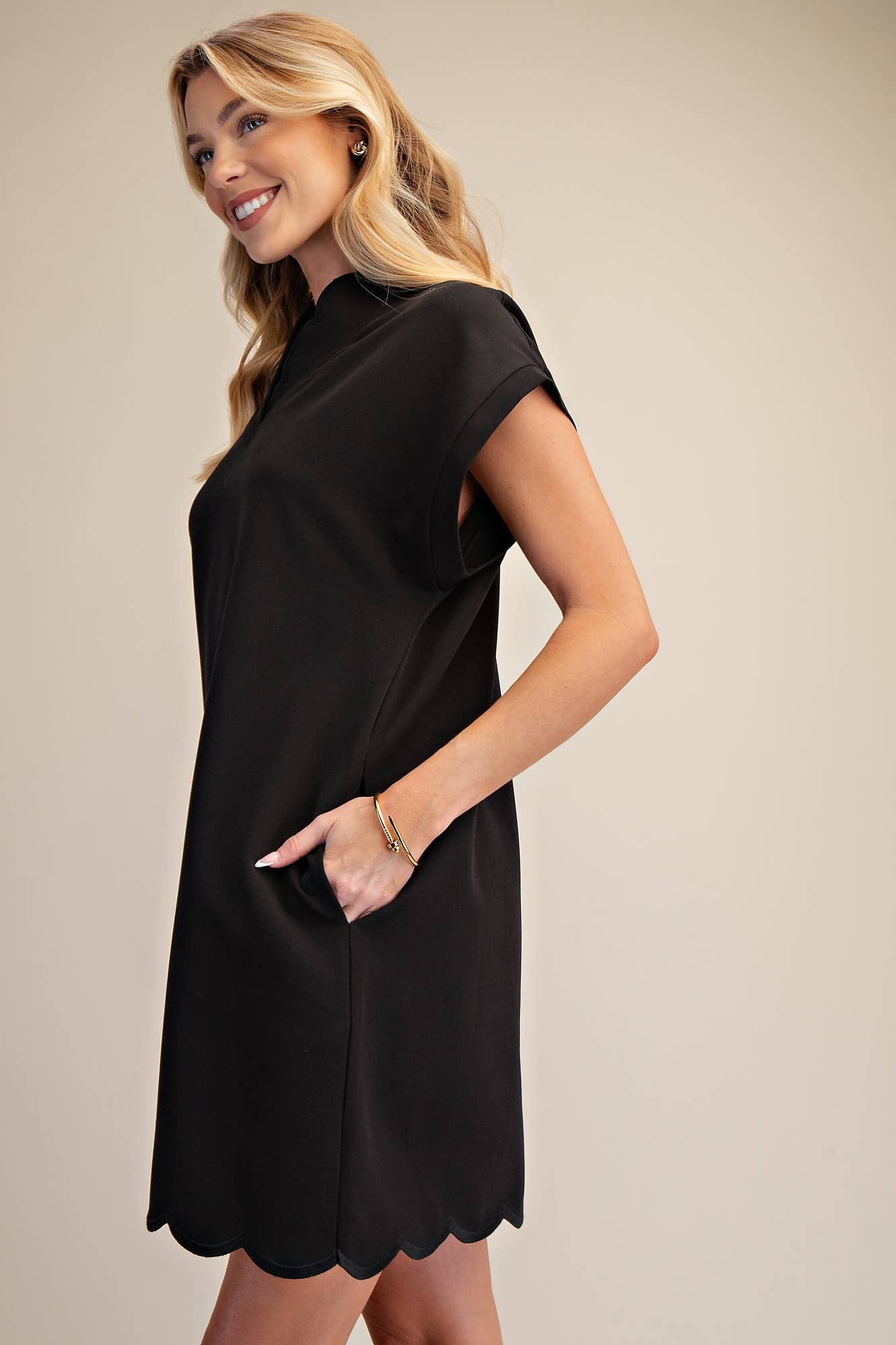 Mini Dress With Embroidered Scallop Trim V Neck And Hem Cap Sleeves - Super Cute
