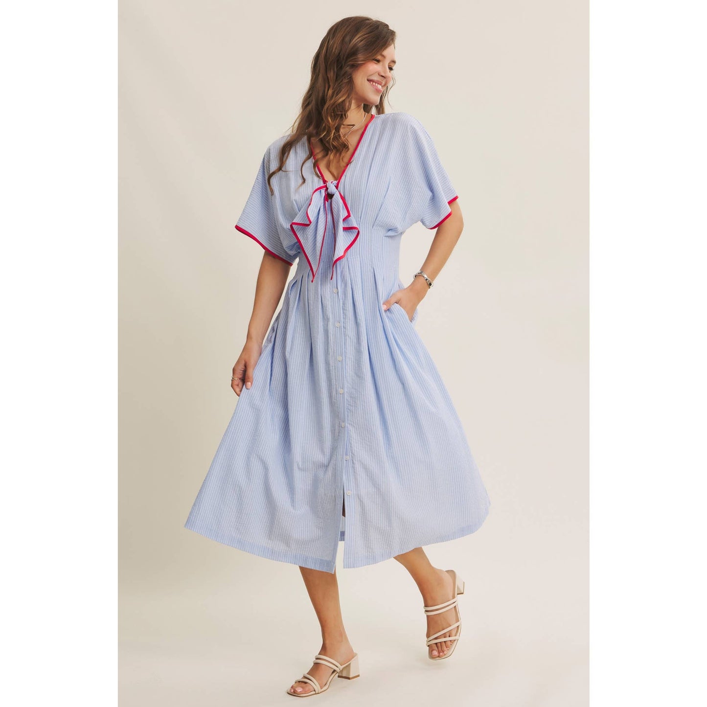 Midi Dress With Pleated Stripe Button Down Tie Modest Fashion Easter