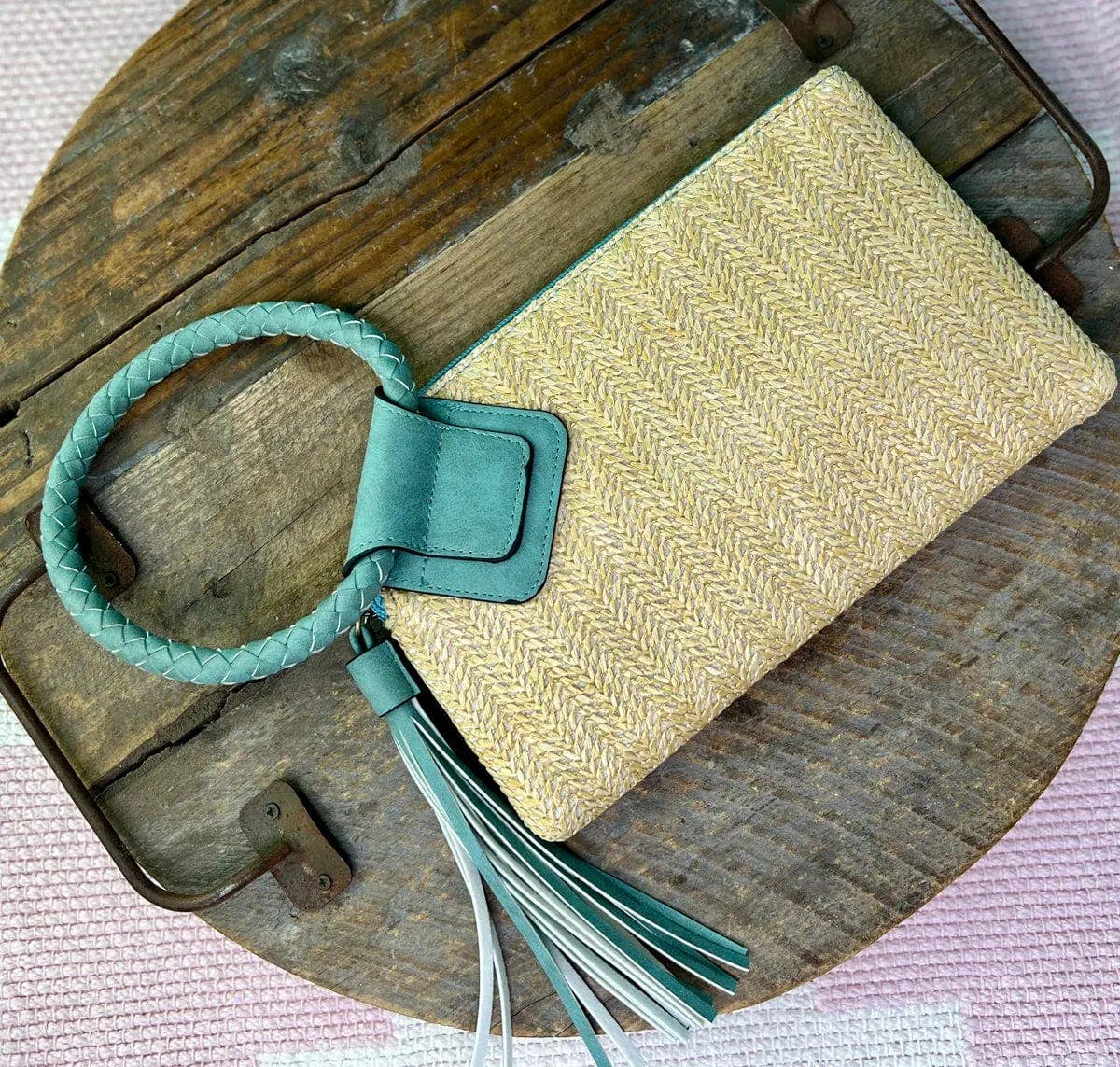 Wristlet Clutch Natural Straw With Tassel