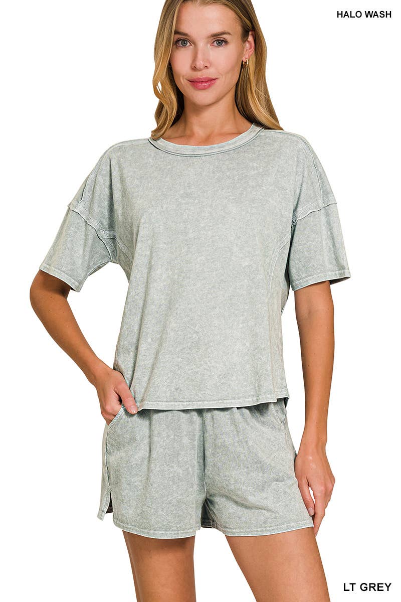 Short Sleeve Tee And Shorts Set Modest Snow Washed Women's Boutique Style
