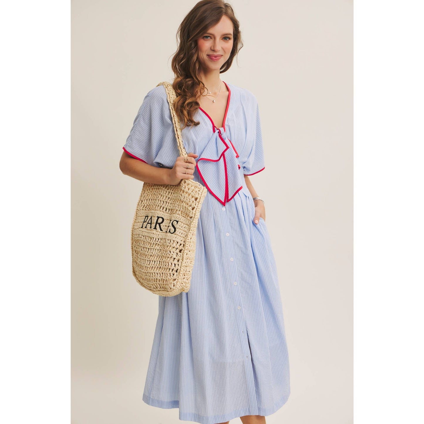 Midi Dress With Pleated Stripe Button Down Tie Modest Fashion Easter