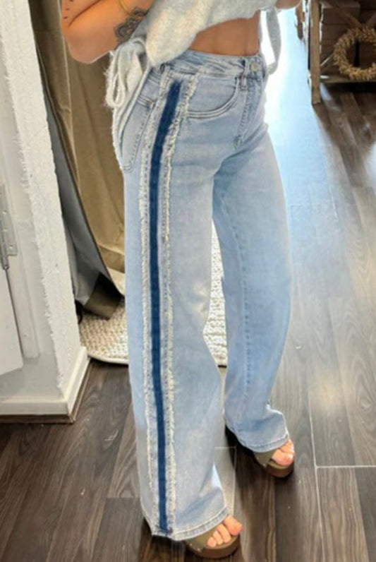 Jeans Le Sage May Beau Blue Contrast Stripe Frayed Panel – Modest Fashion
