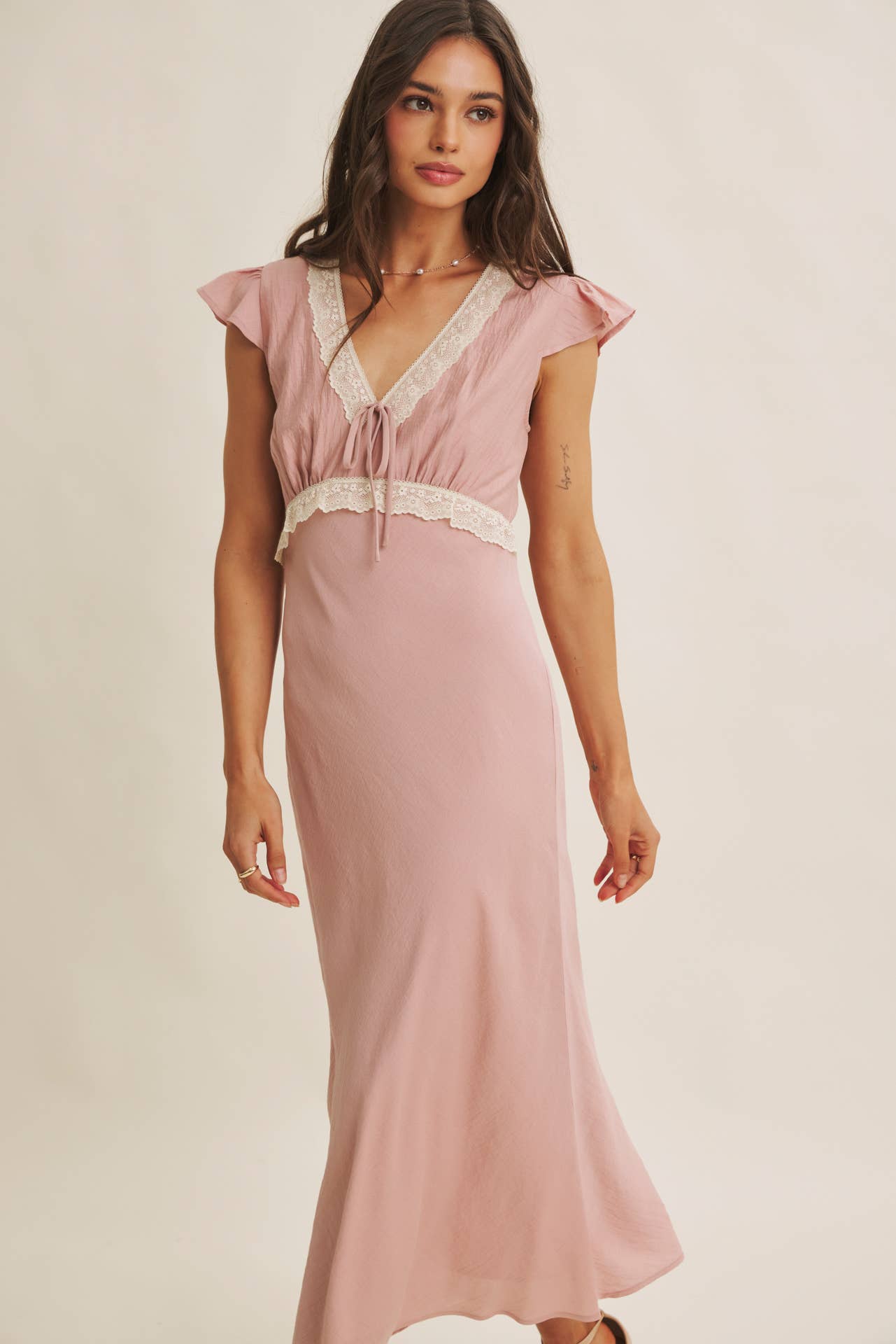 Midi Dress With Lace Trim Slim Fit Waist- Restock March 21st