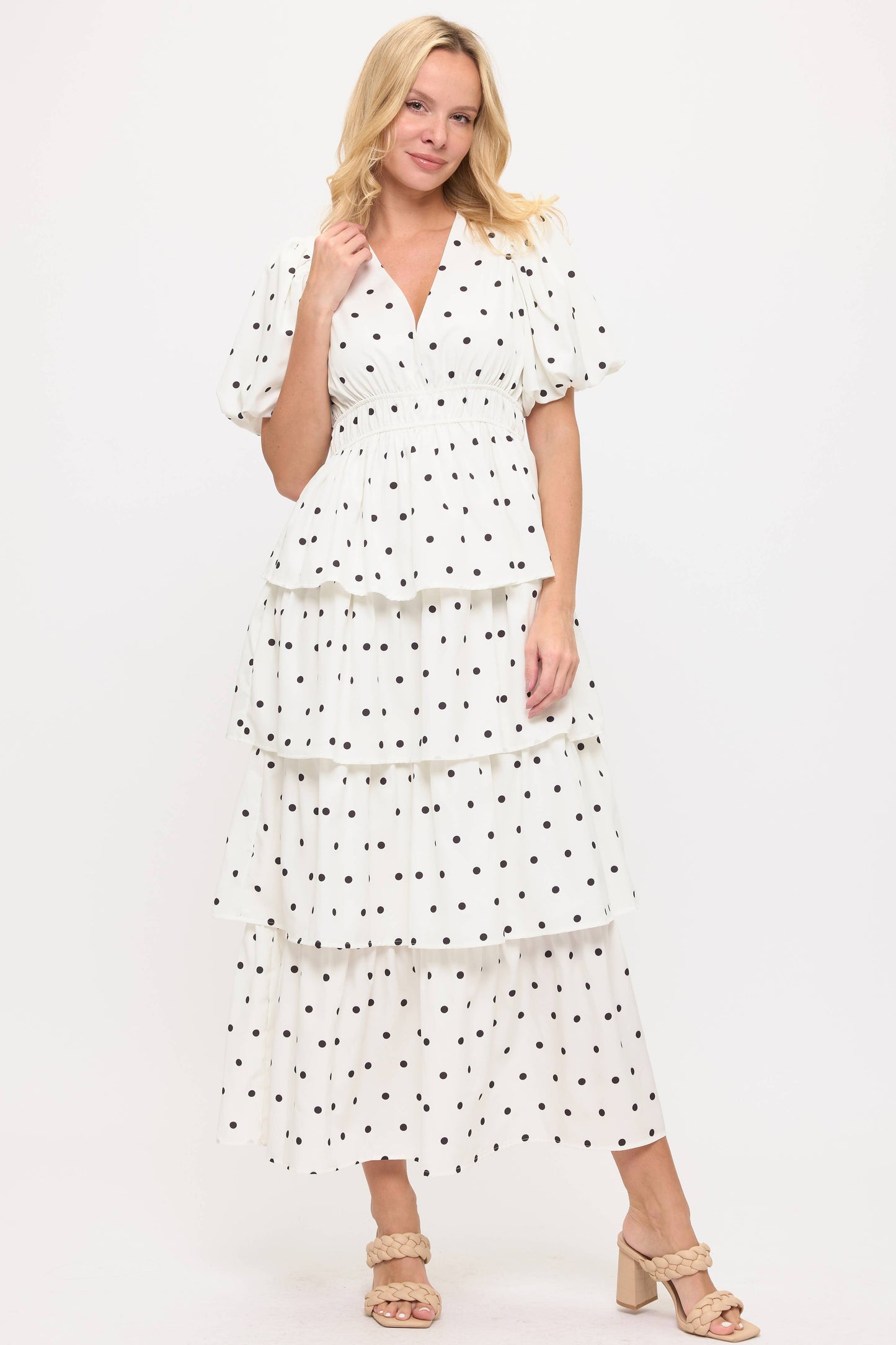 Polka Dot Ruffled V-Neck Puff Sleeves- Dainty Lady