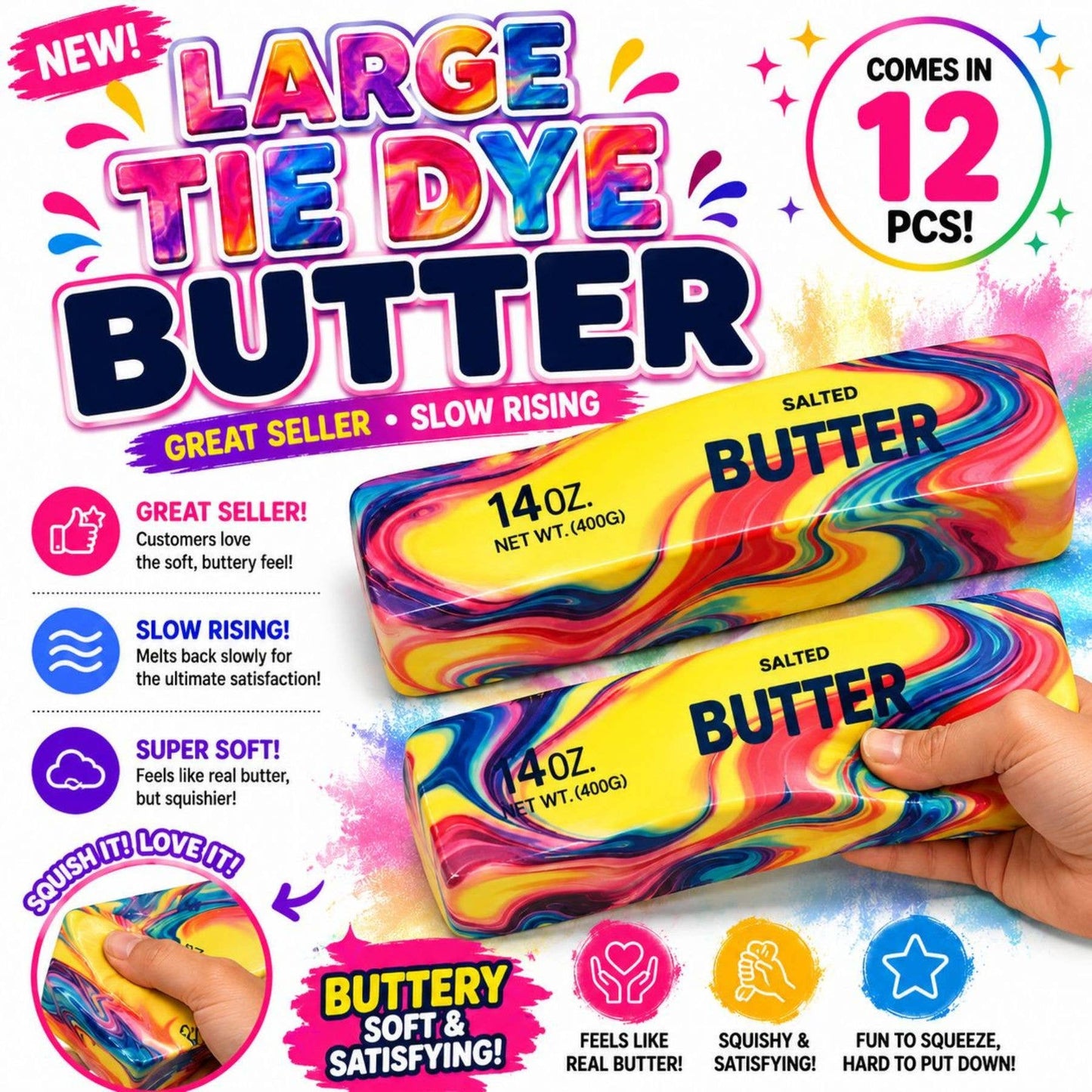 Tie-Dye Butter Squishy Jumbo Slow-Rising Stress Toy for Quick Checkout Laughs