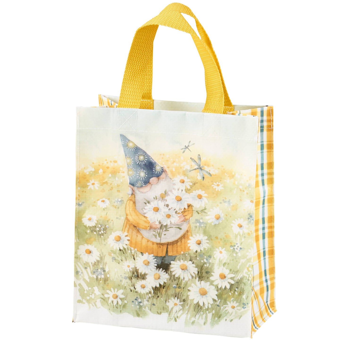 Tote Bag Daisy Gnome Garden Design With Hand Painted Plaid Gussets
