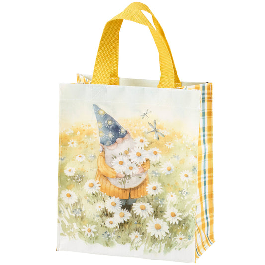 Tote Bag Daisy Gnome Garden Design With Hand Painted Plaid Gussets