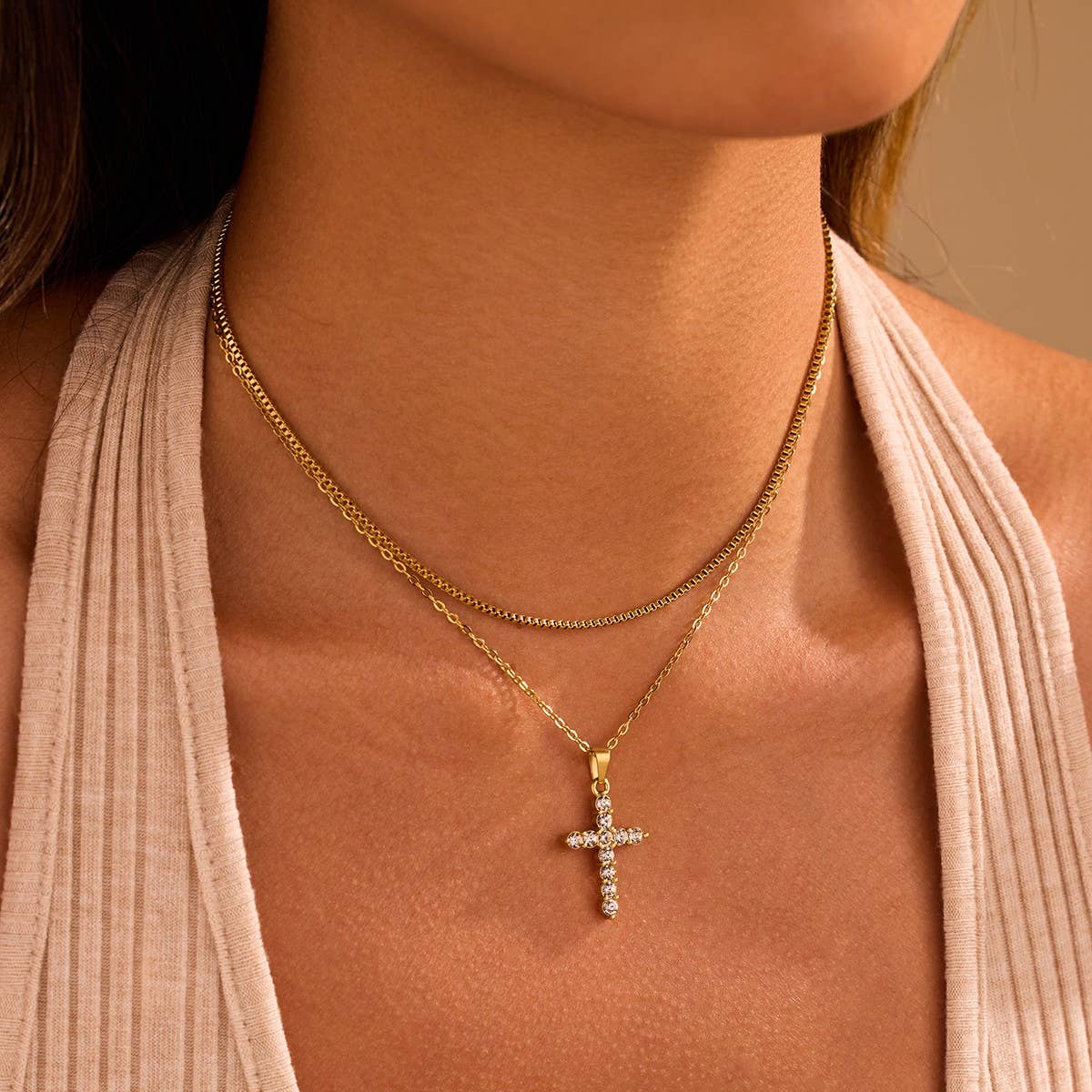 Cross Necklace Tarnish Free 18K Gold Stainless Steel With Crystals Gifts for Her