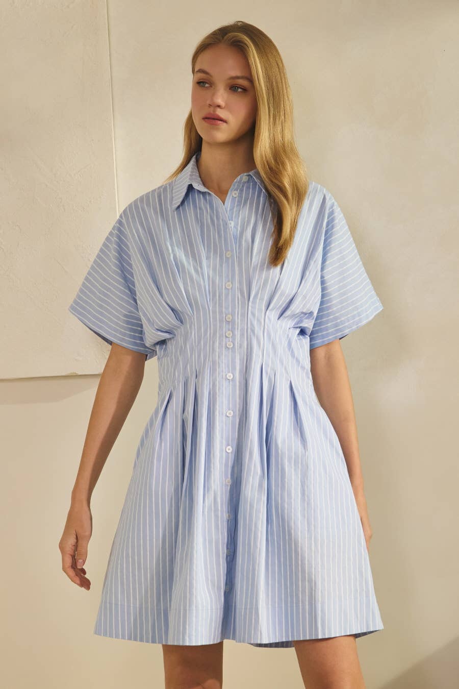 Striped Shirt Dress Cotton Cinched Waist Modest Dress Women's Boutique