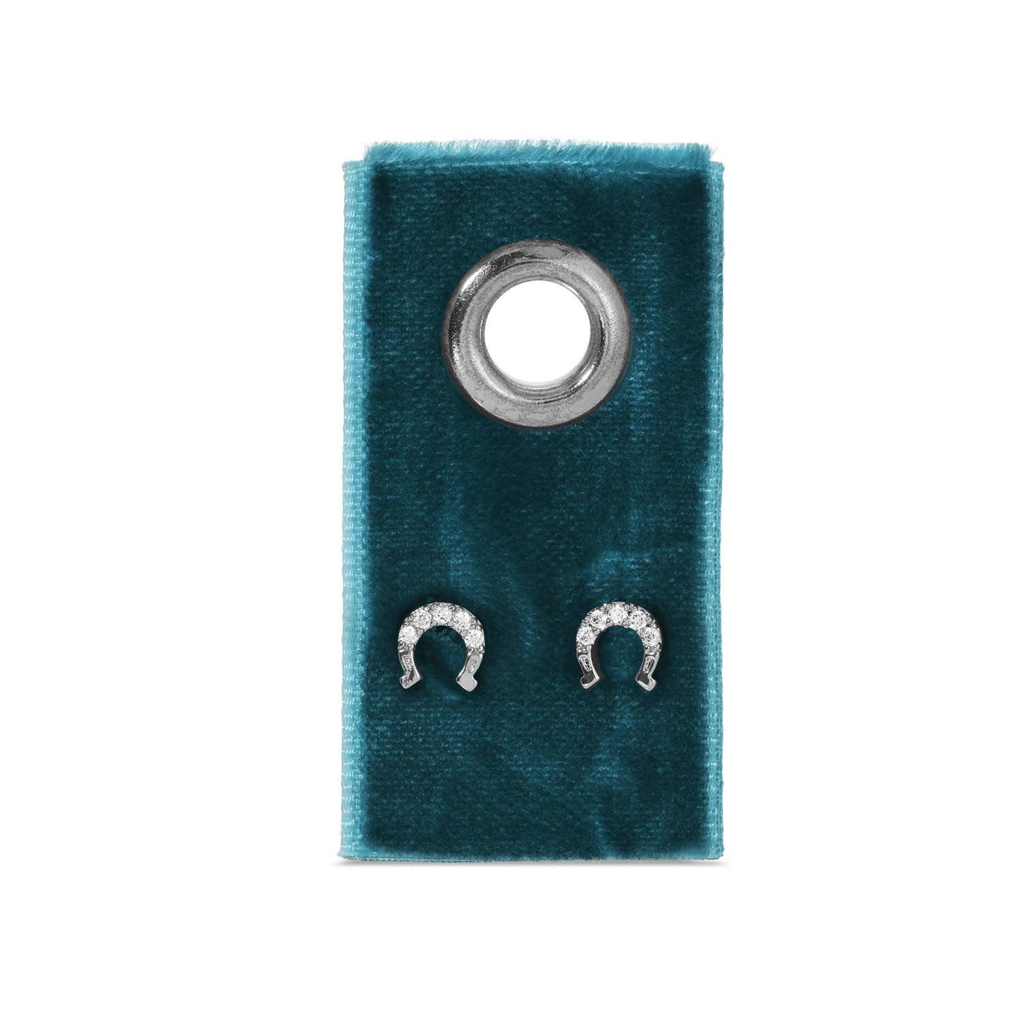 Horseshoe Stud Earring On Velvet Gift Tag With Dainty Pave Accent Faith Based