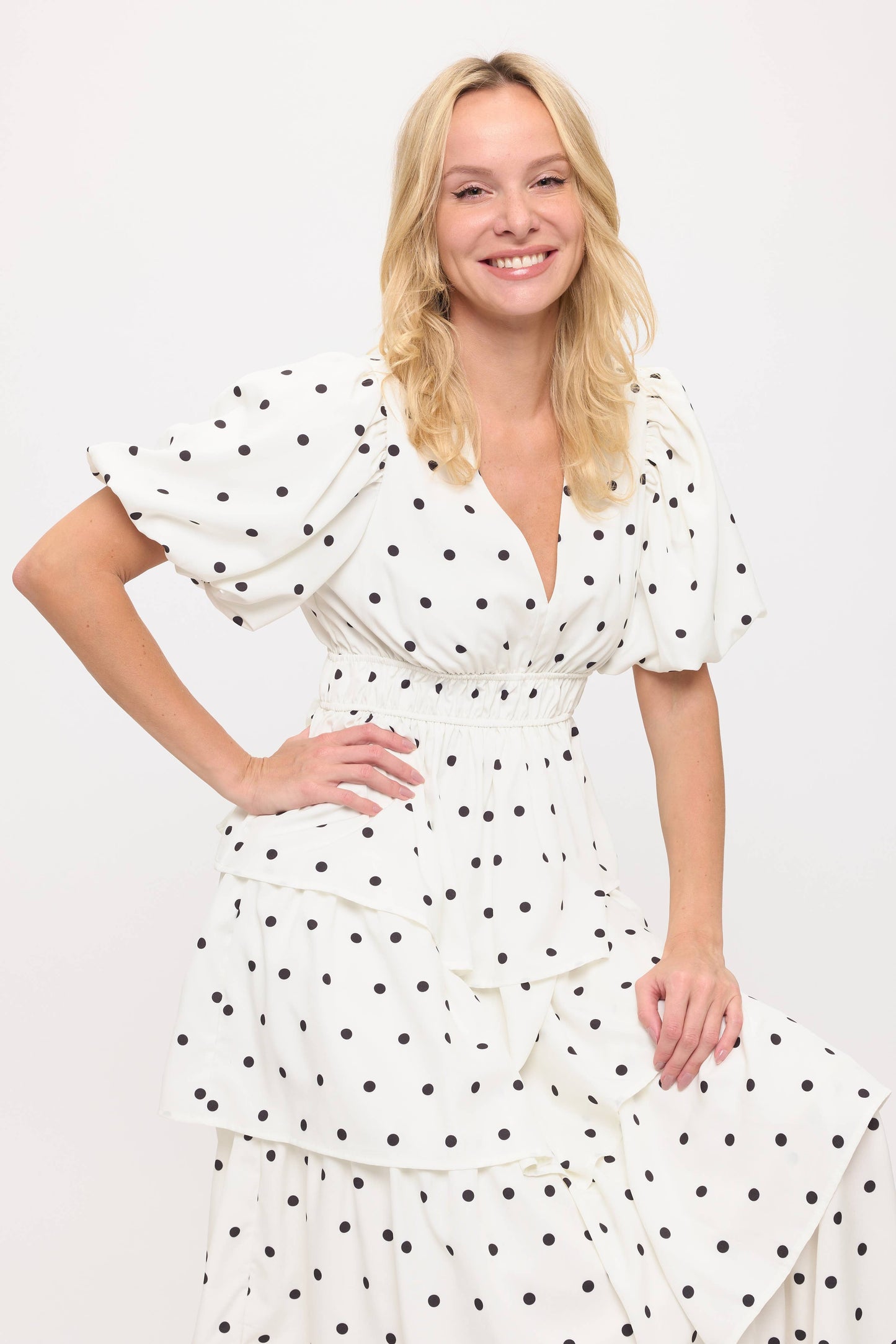 Polka Dot Ruffled V-Neck Puff Sleeves- Dainty Lady