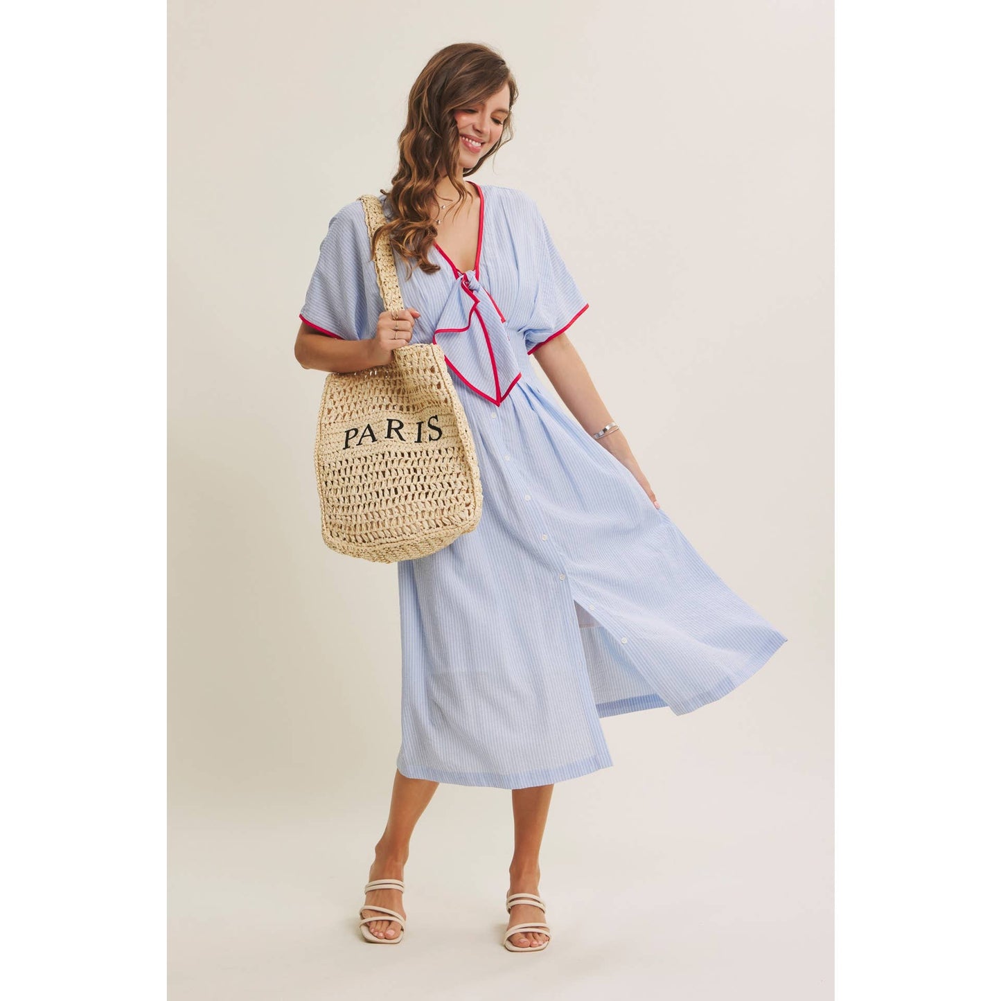 Midi Dress With Pleated Stripe Button Down Tie Modest Fashion Easter
